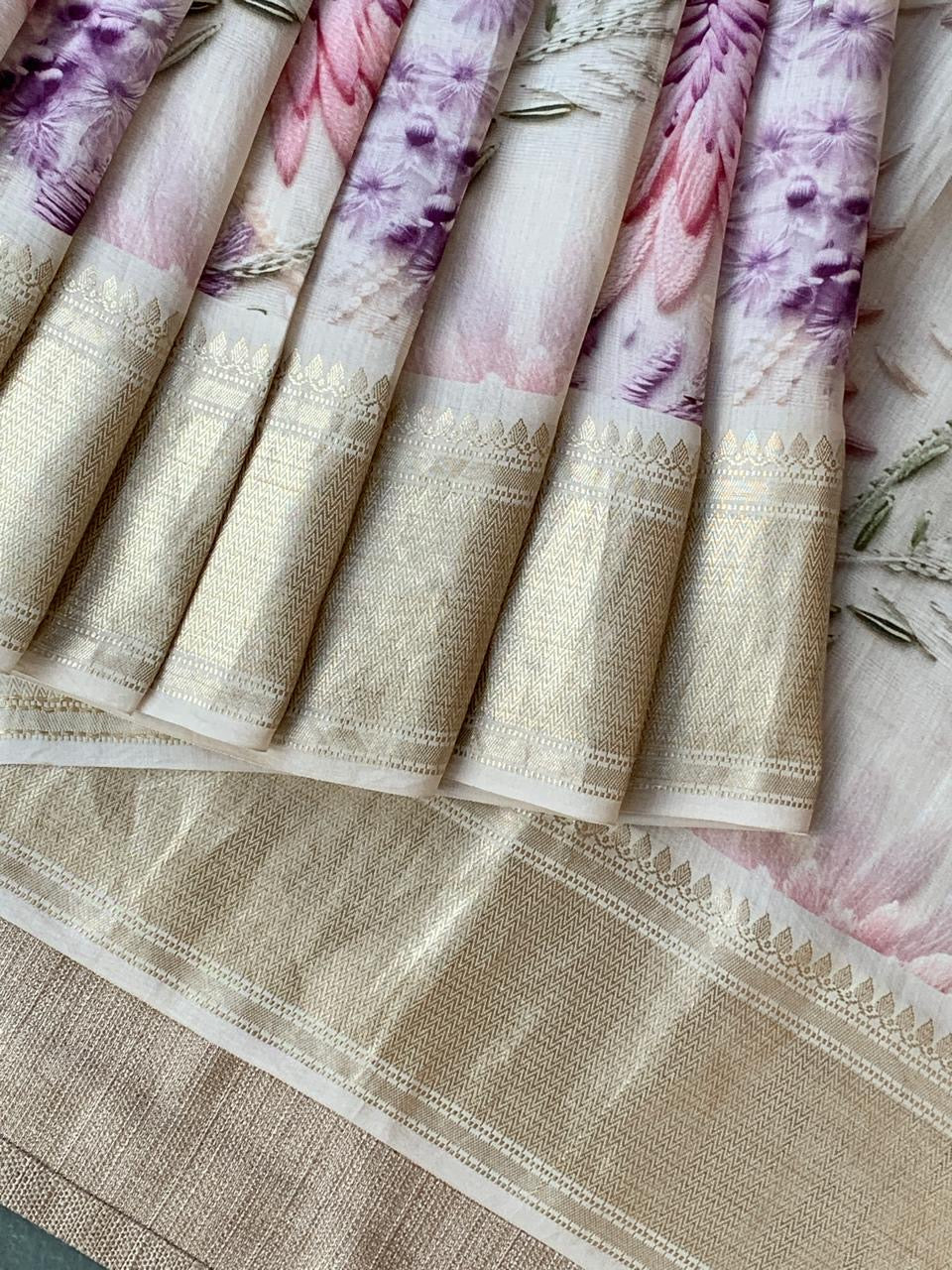 Ivory Pure Handloom Chiniya Silk Saree with stunning Floral Print and zari borders