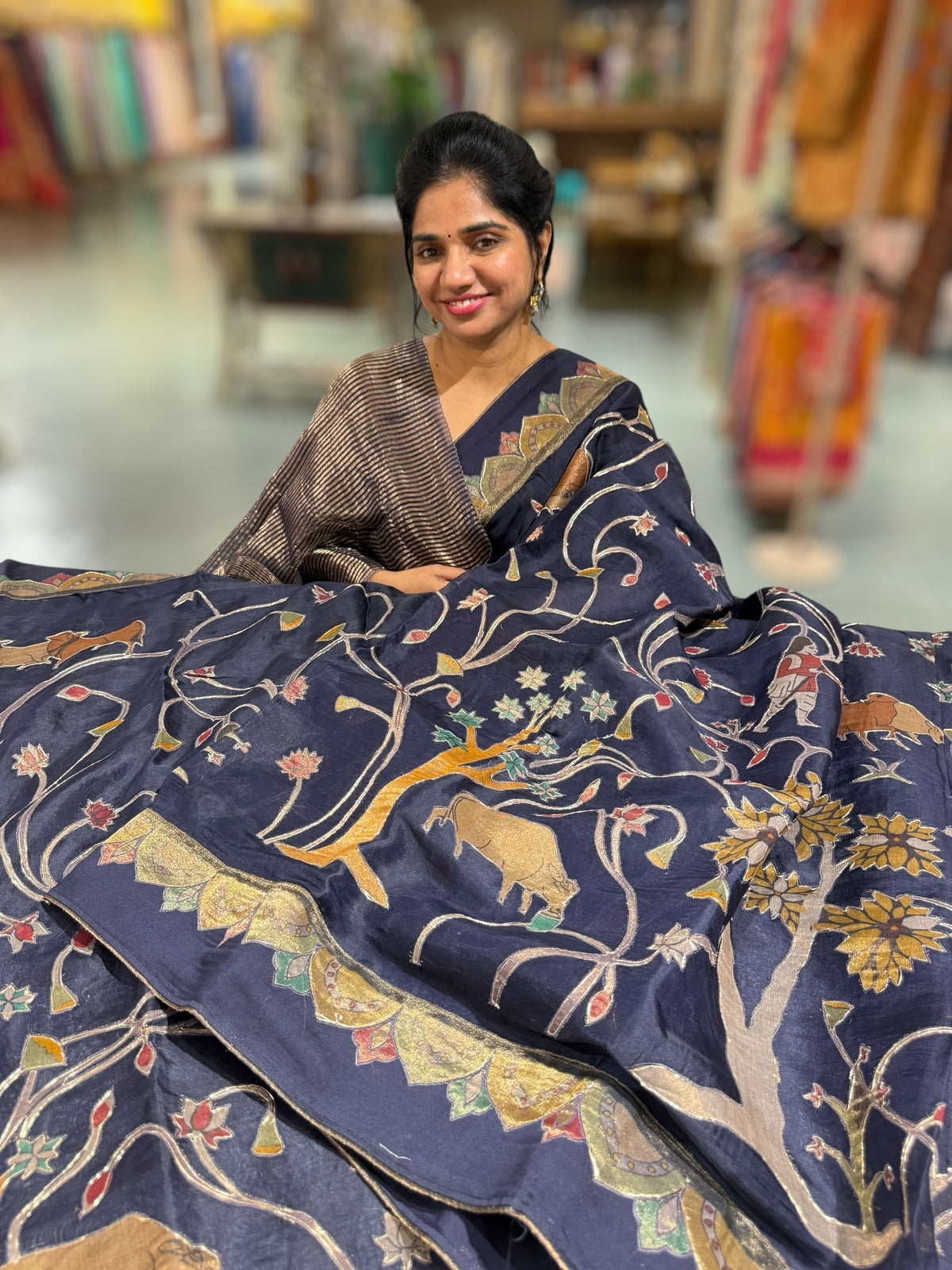 Midnight Blue Designer Organza Saree with Stunning Tissue Applique work Saree with Village theme