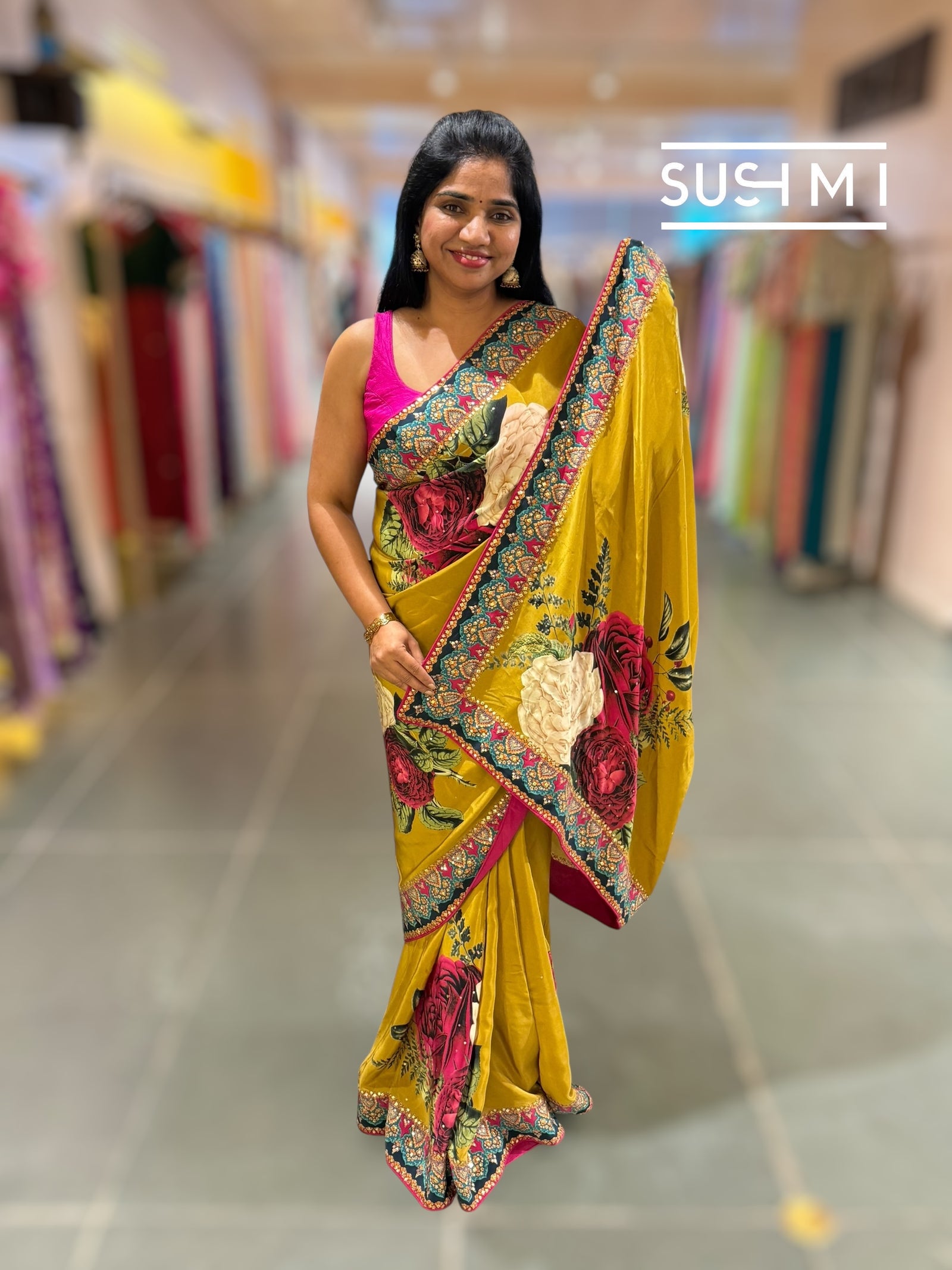 Mustard Gold Designer Crepe Silk Saree : D62F030