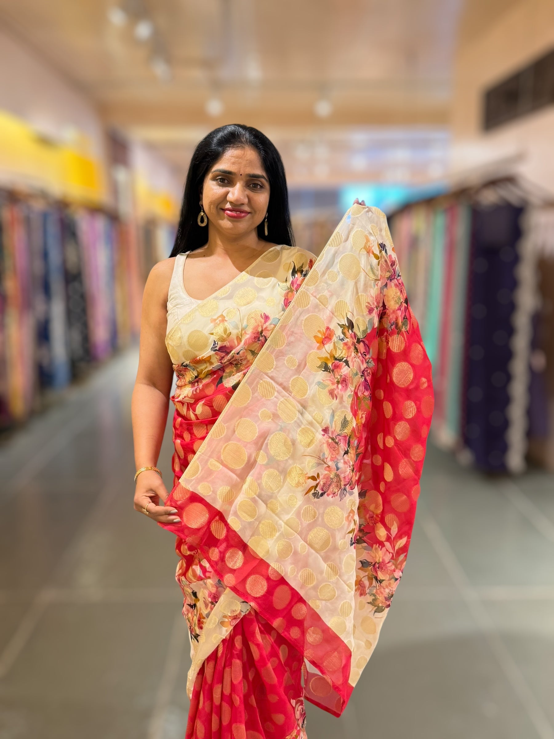 Tomato Red Banarasi Kora Gorgette Polka dot Printed Saree