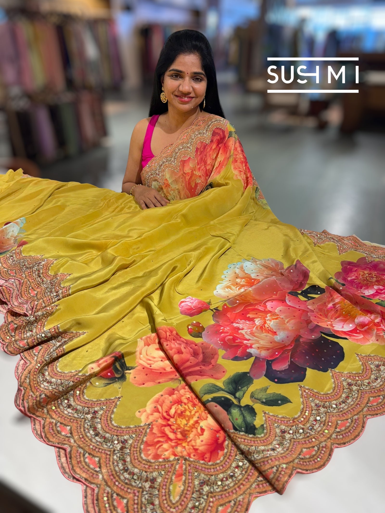 Mustard Yellow Designer Crepe Silk Saree : D62F032