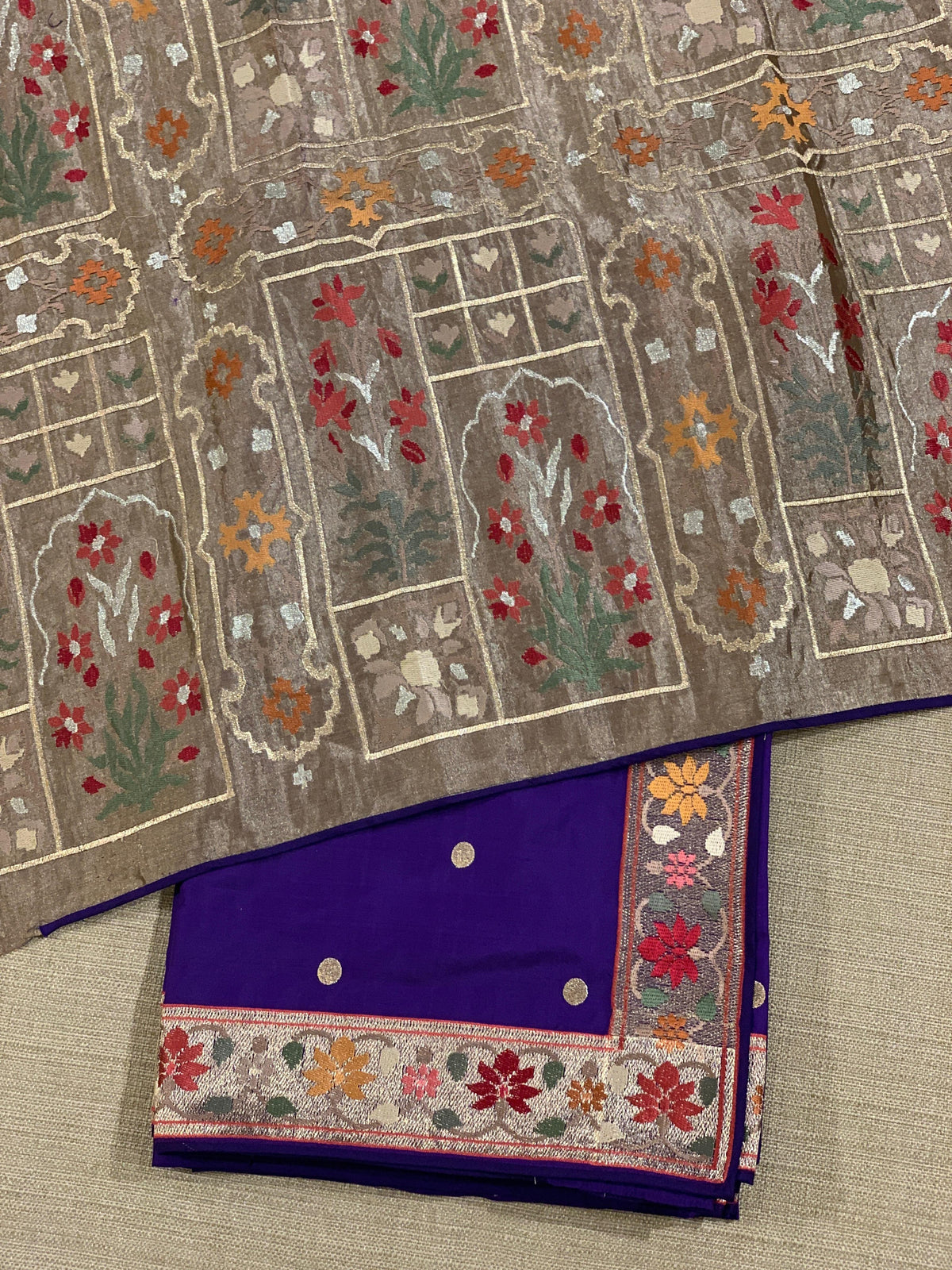Violet Kanchi soft silk saree with pythani and jamdani inspired embroidery