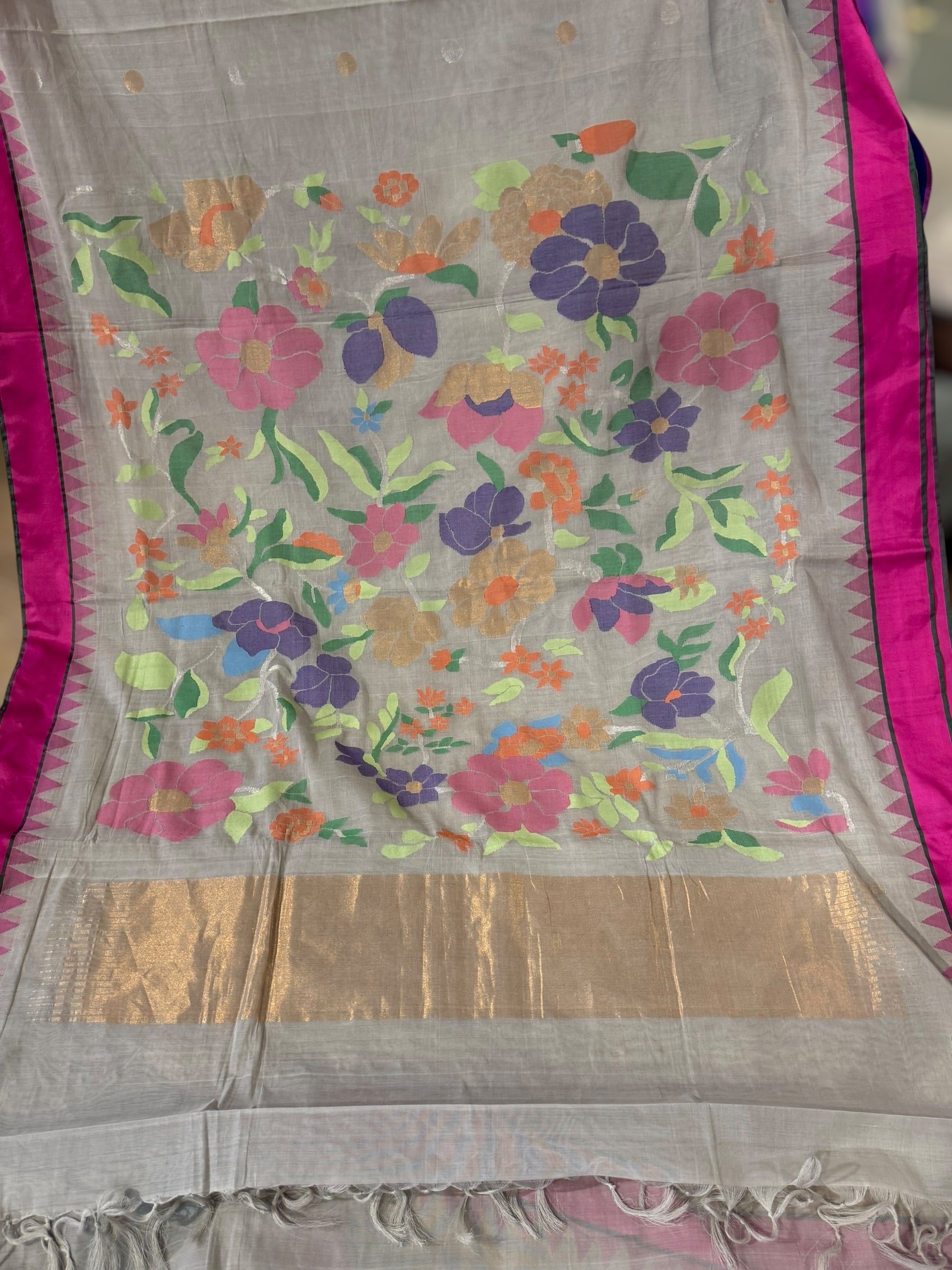 Light Grey Ponduru Khadi Saree with Dollar Buta, Rani Pink Temple Border & Jamda
