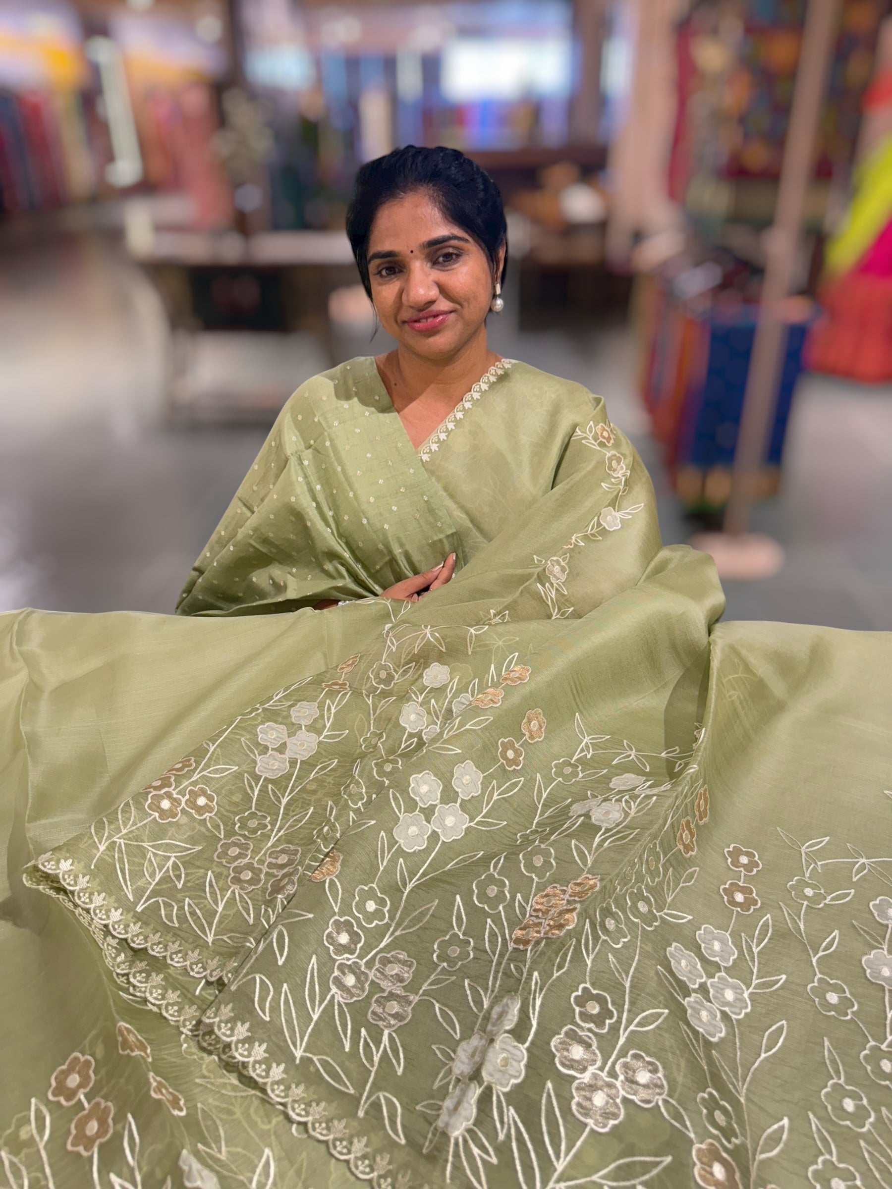 Olive Organza Saree With Tissue Applique Work