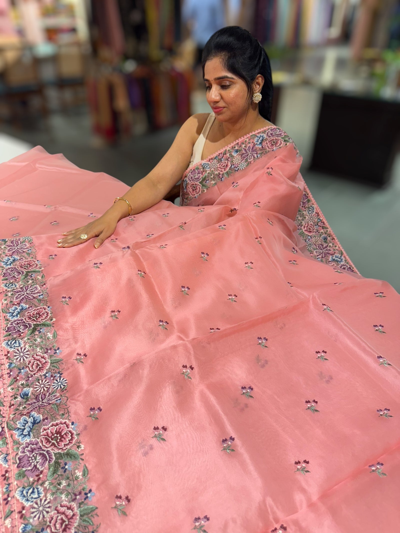 Coral Pink Pure Organza with Petite point border