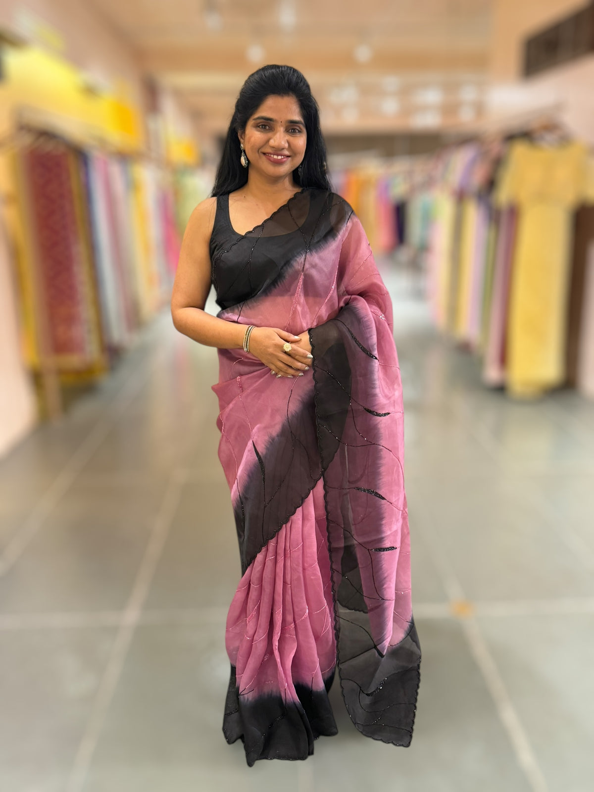 Rose Pink &amp; Black Ombre Dyed Pure Organza handwork saree