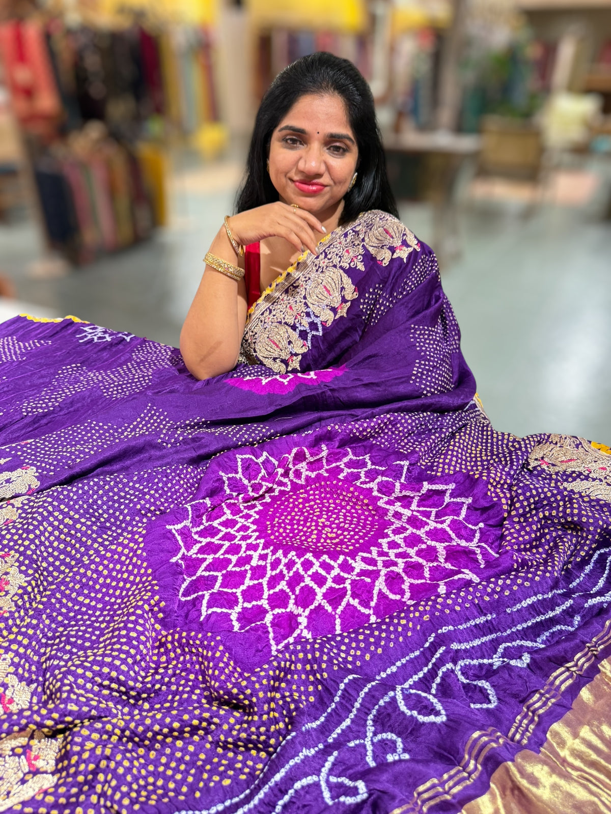 Dark Voilet Designer Rai Bandhej Saree With Embroidered Border