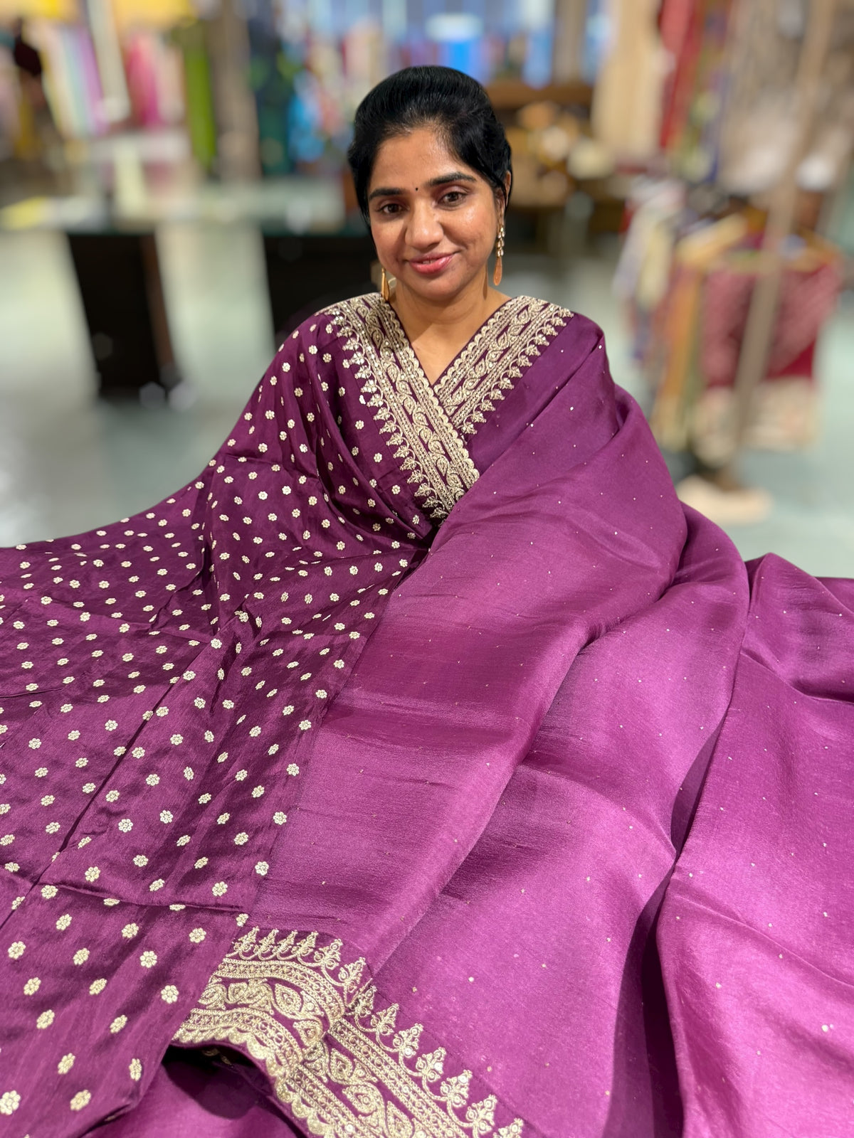 Wine Pure Organza Saree with allover mukaish work & sabyasachi borders