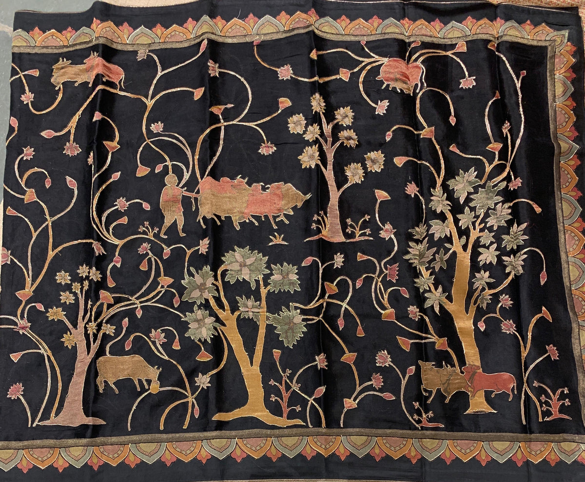 Black Designer Organza Saree with Stunning Tissue Applique work Saree with Village theme