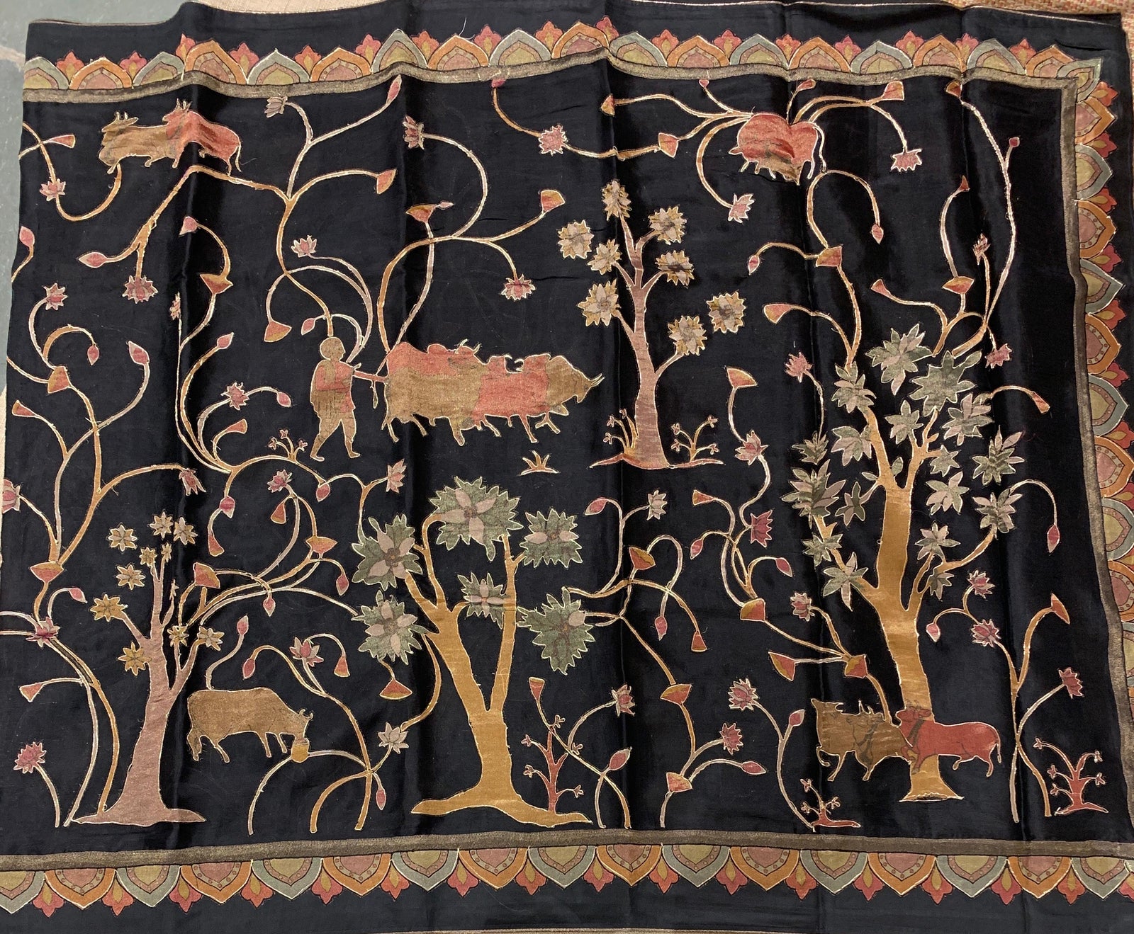 Black Designer Organza Saree with Stunning Tissue Applique work Saree with Village theme