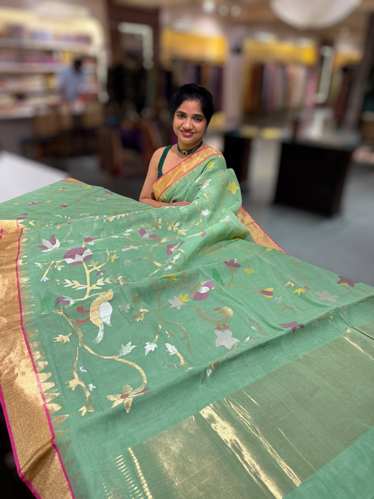 Light Apple Green Ponduru Khadi Jamdani Allover Meenkari Weaving Saree