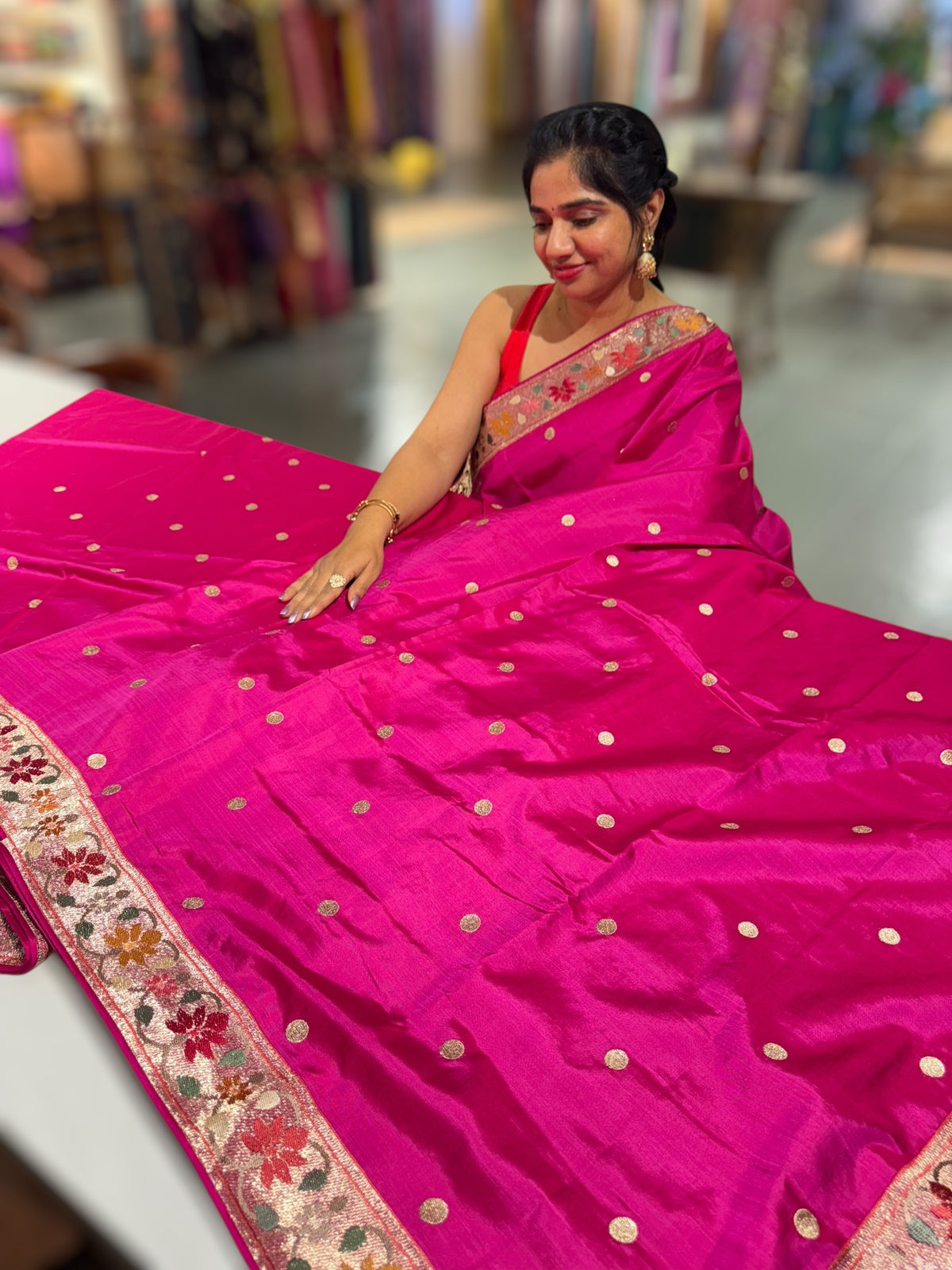 Rani Pink Kanchi soft silk saree with pythani and jamdani inspired embroidery