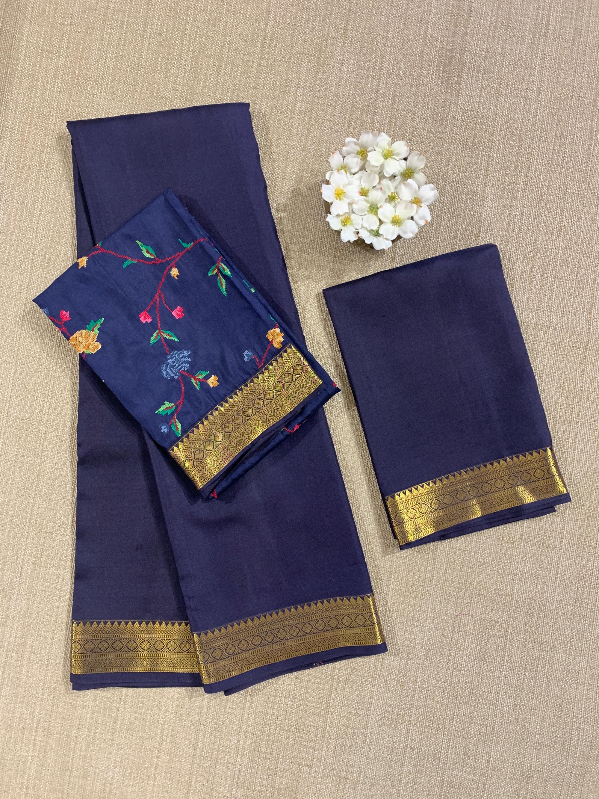 Midnight Blue Kanchi Vintage Saree with Petite Point Embroidered Blouse