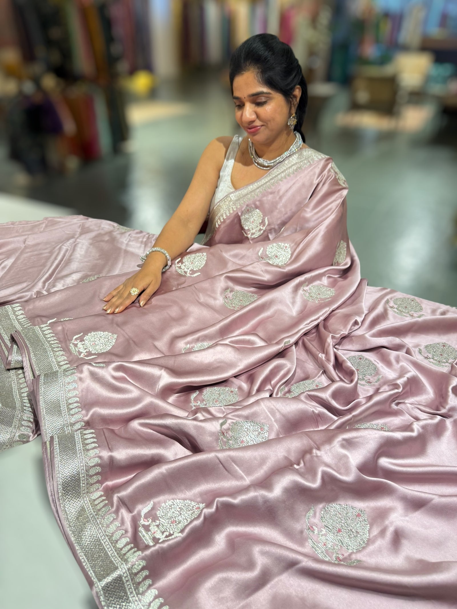 Dusty Pink Pure Satin Saree with Embroidery.