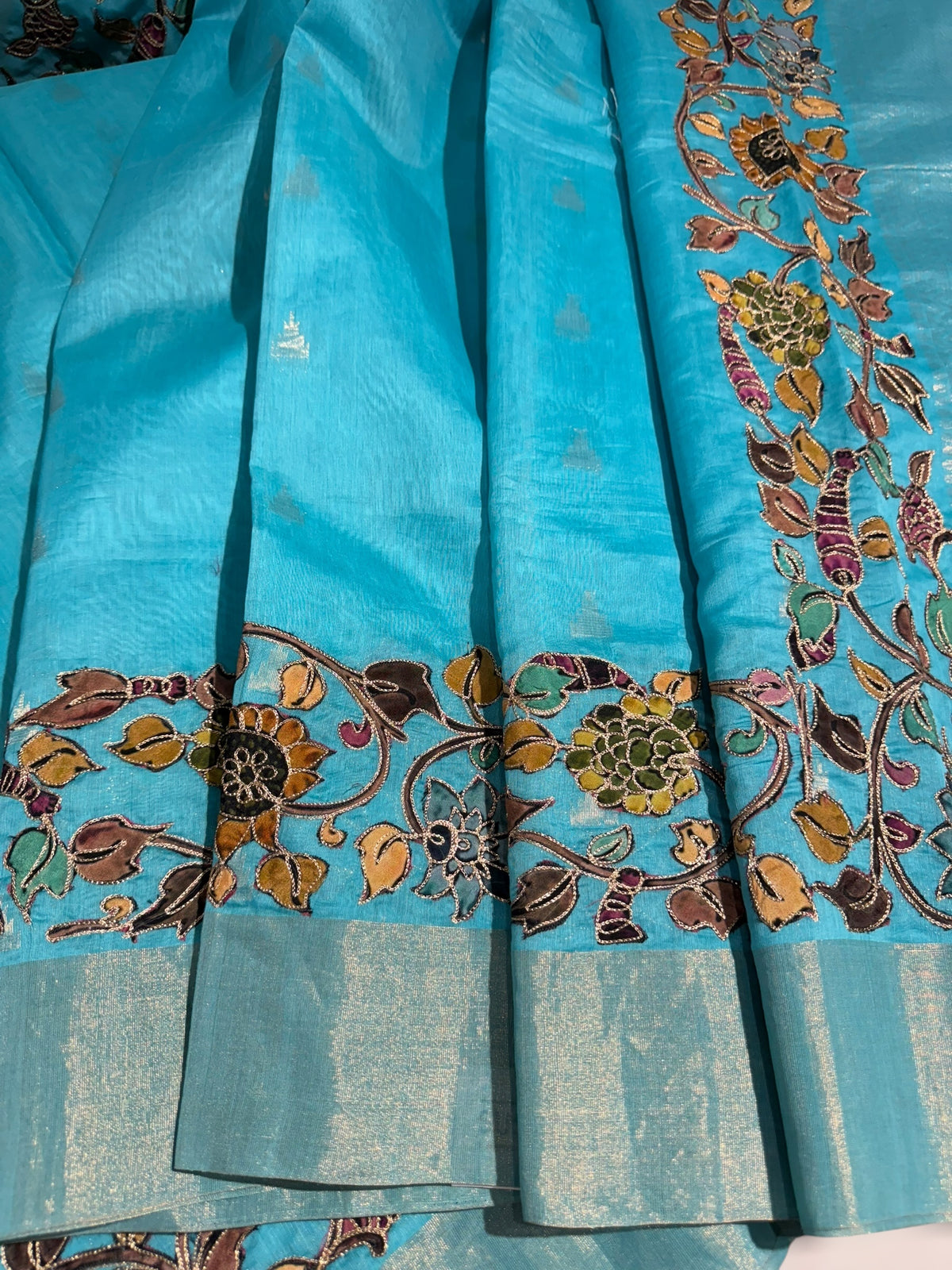 Teal Blue chanderi silk cotton saree with kalamkari applique border