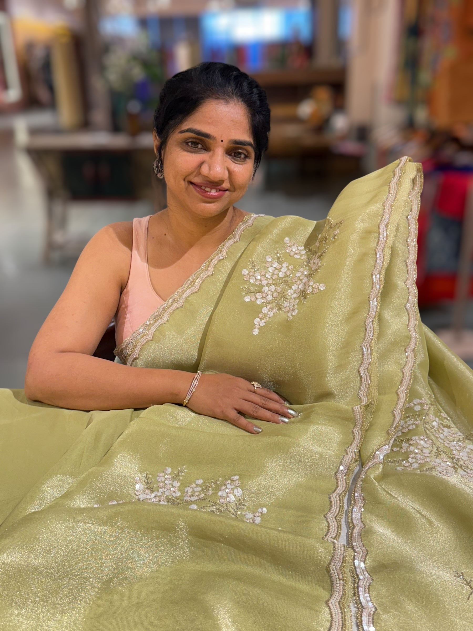 Tissue Gorgette Saree With Handwork Border and Blouse.