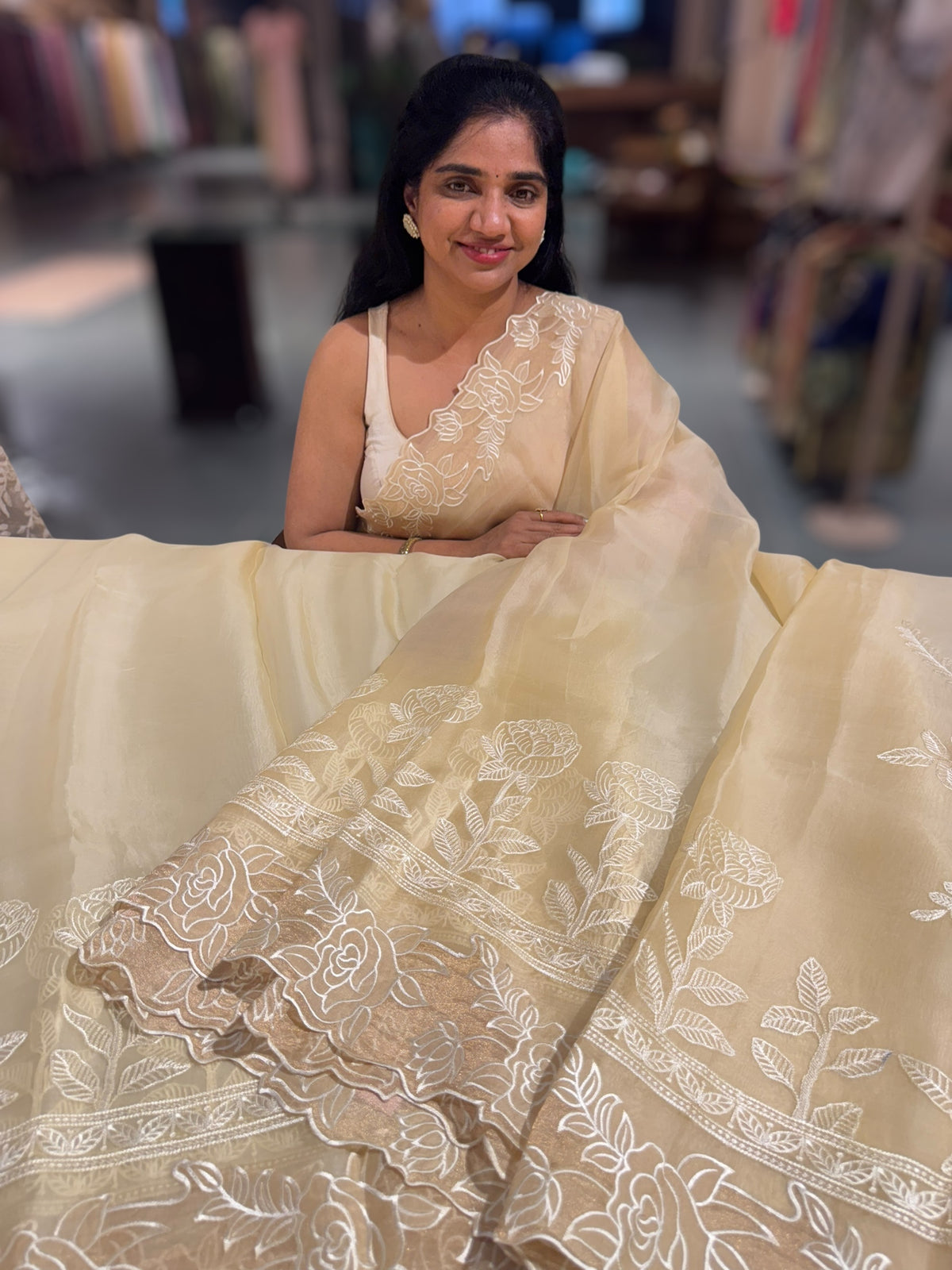 Pastel Yellow Organza saree with heavy embroiderey