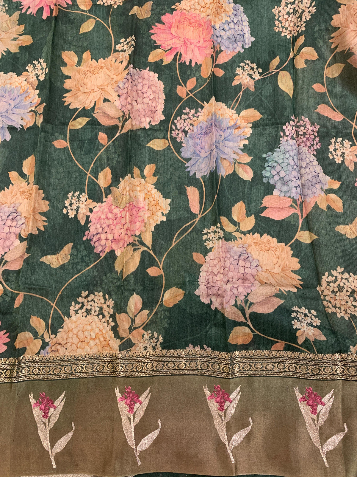 Forest Green Tussar Dhupion Saree with Floral printed mashru borders