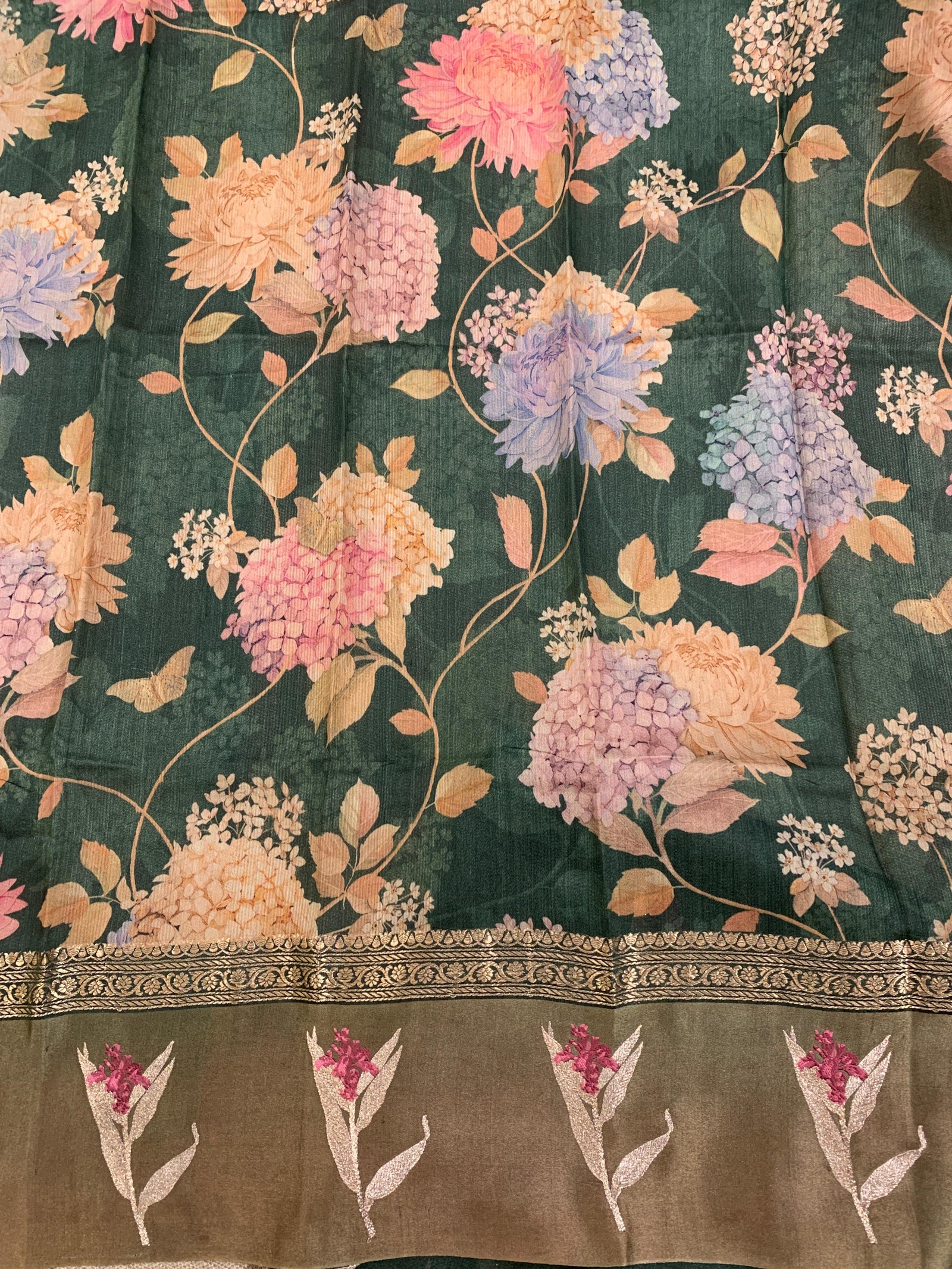 Forest Green Tussar Dhupion Saree with Floral printed mashru borders