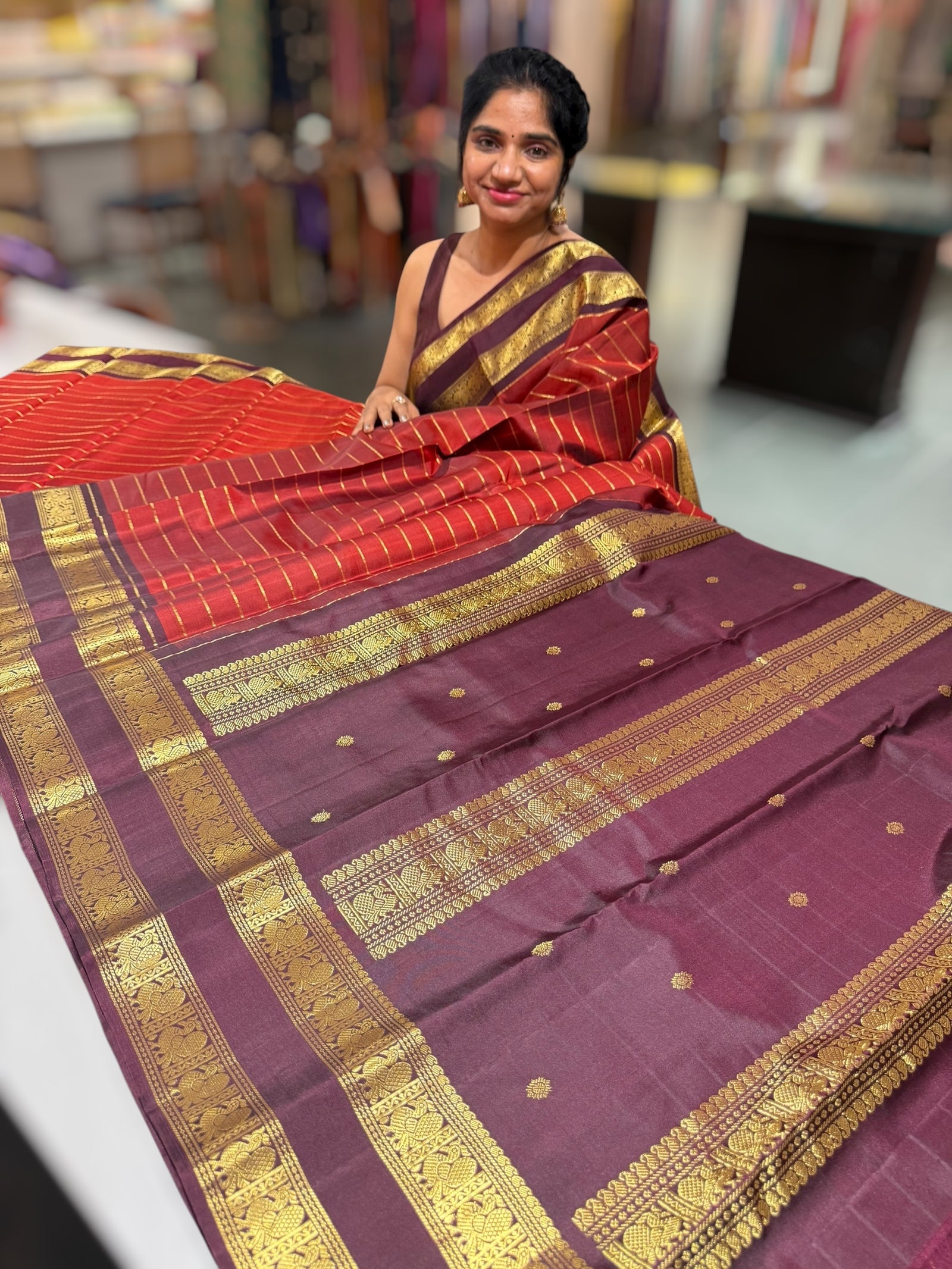 Dark Rust Kanchipuram Vintage striped Saree with gap borders