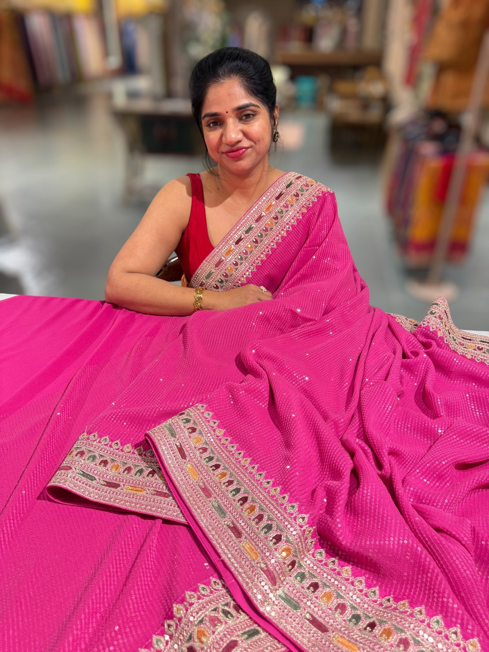 Pink Georgette sequnce Saree with Sabyasachi borders