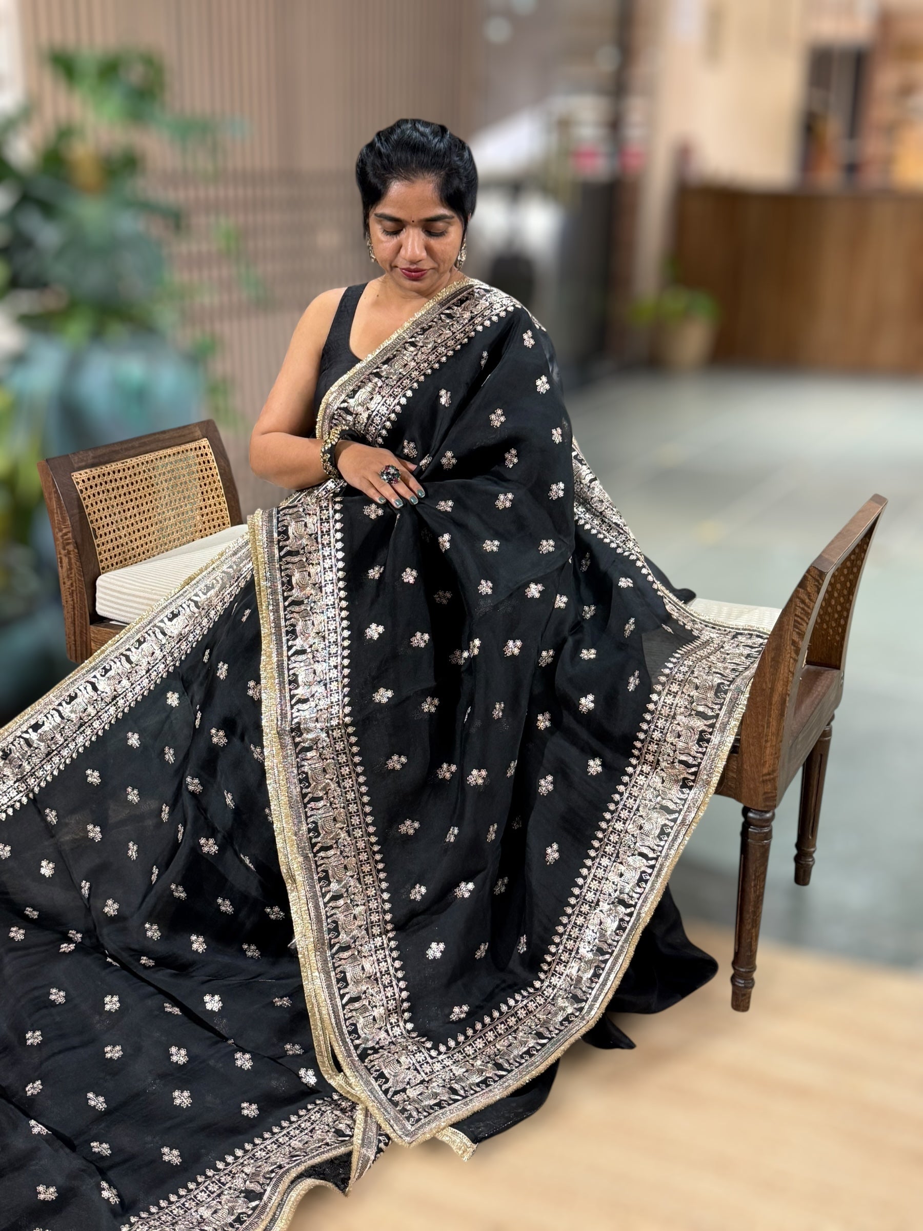 Black Organza Saree With Pita Embroidery