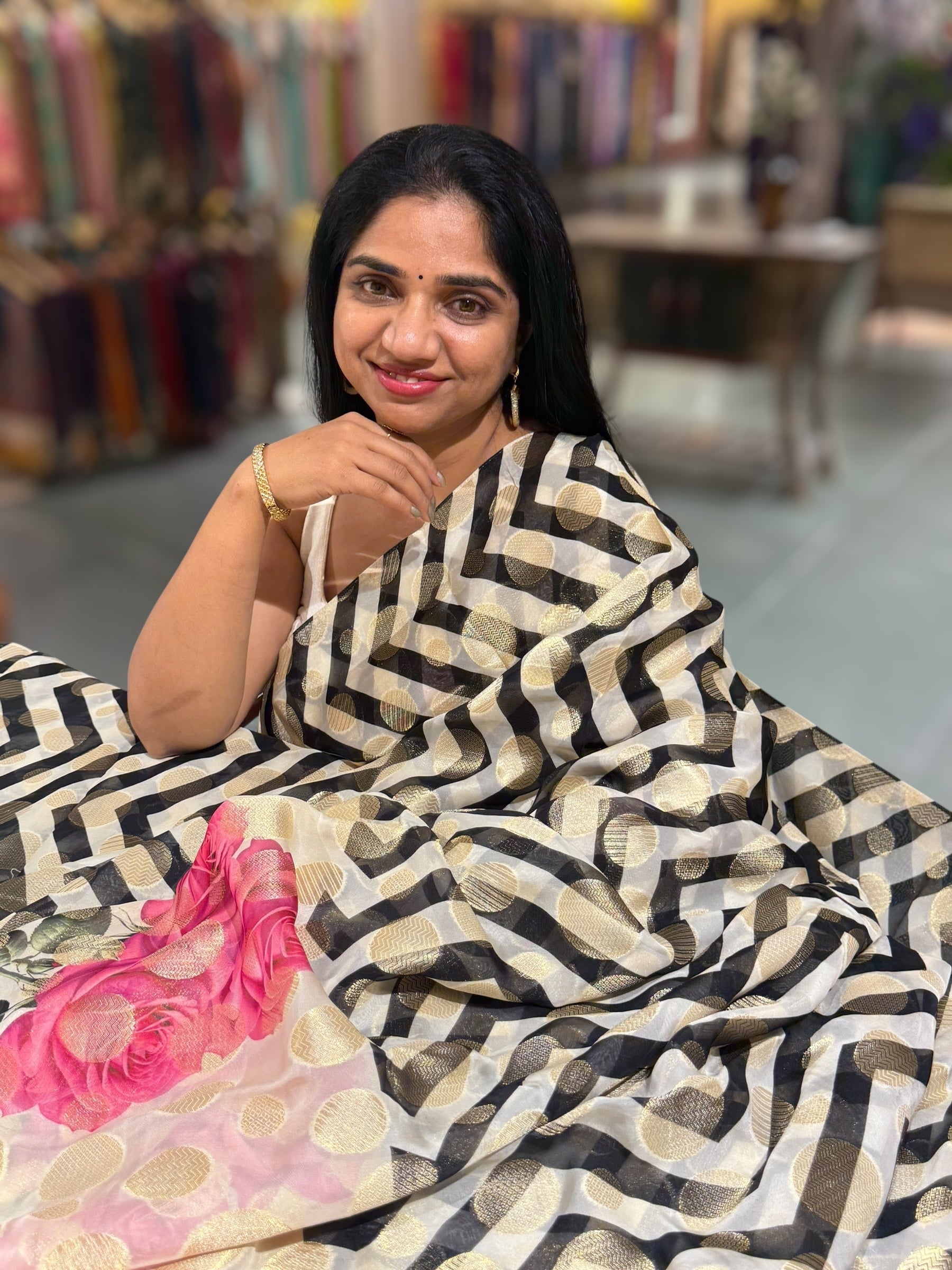 Black Zig Zag Banarasi Kora Gorgette Polka dot Printed Saree