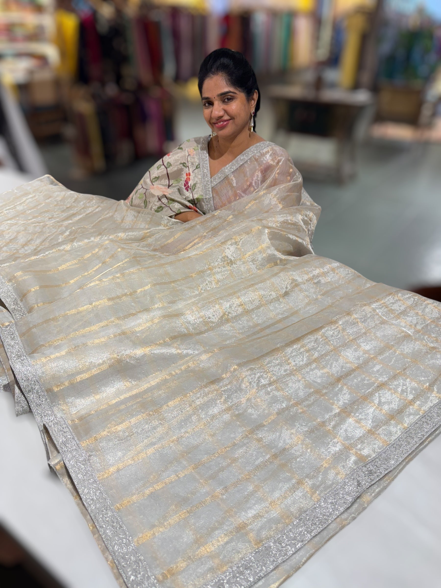 Silver Tissue Pure Handloom Tissue checks Saree with sabyasachi borders