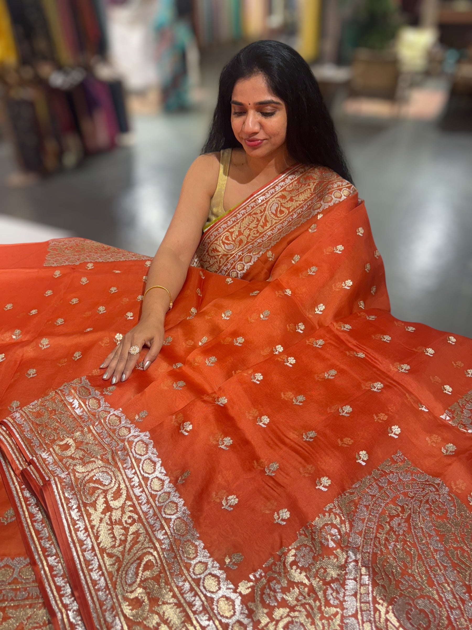 Orange Pure Organza Saree With Jamdani Inspired Embroidery