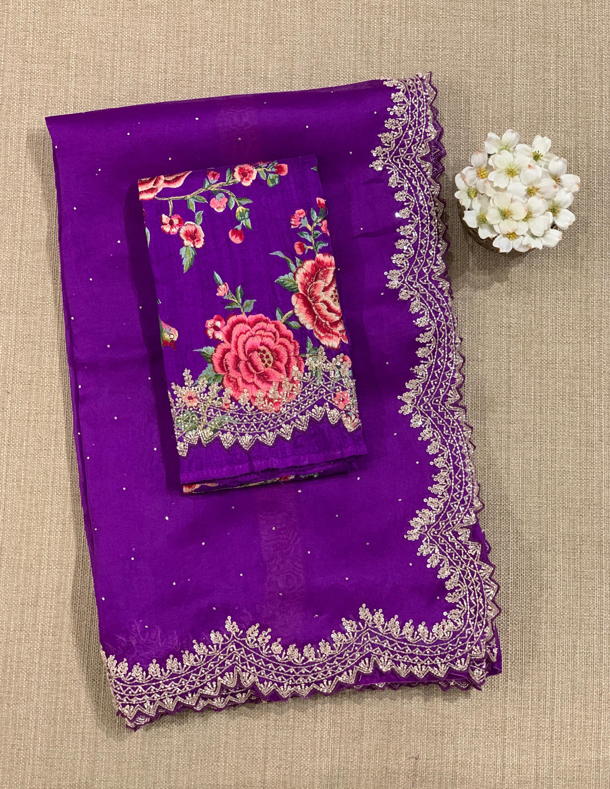 Purple Pure Organza Handwork Saree with heavy Designer Blouse