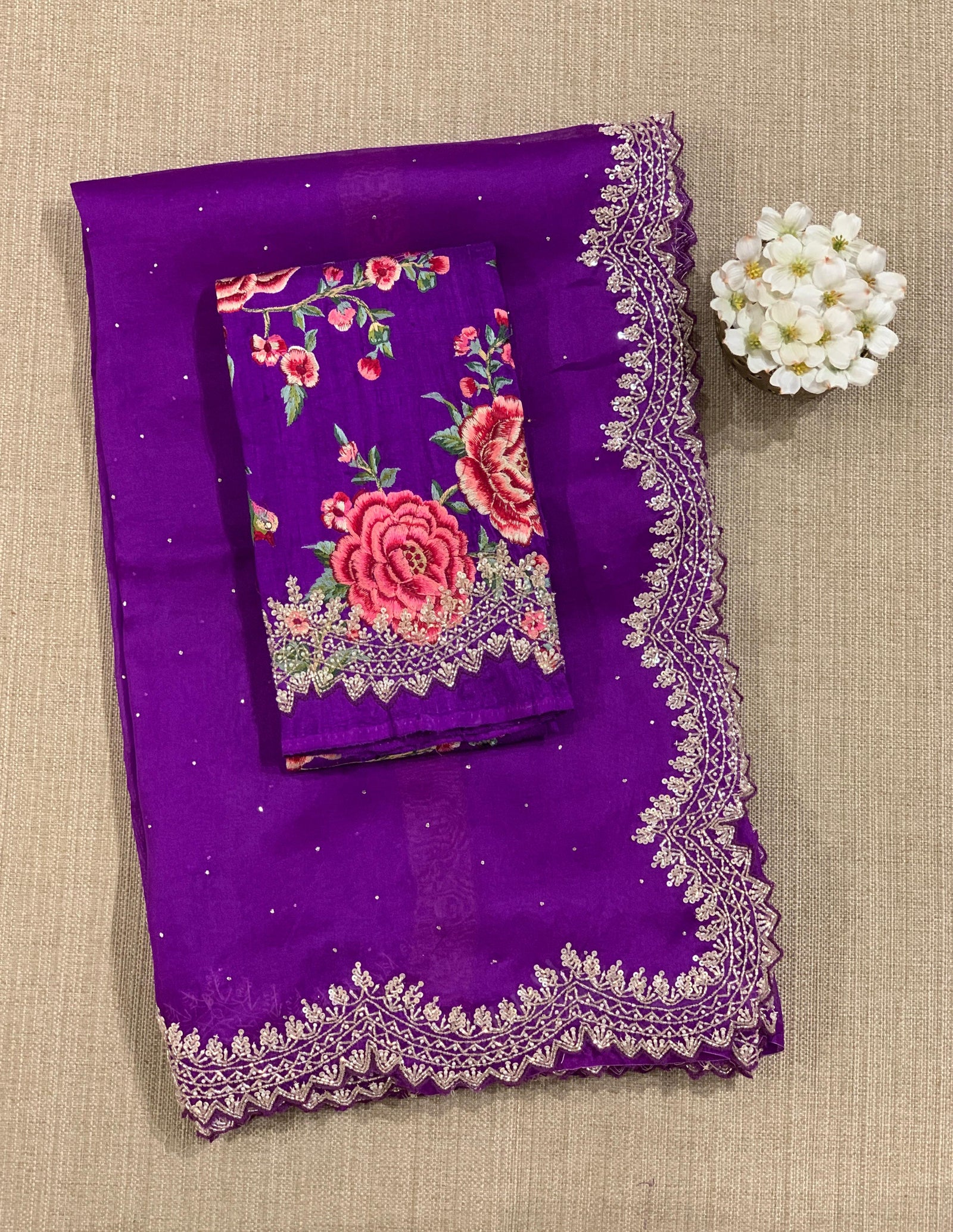 Purple Pure Organza Handwork Saree with heavy Designer Blouse
