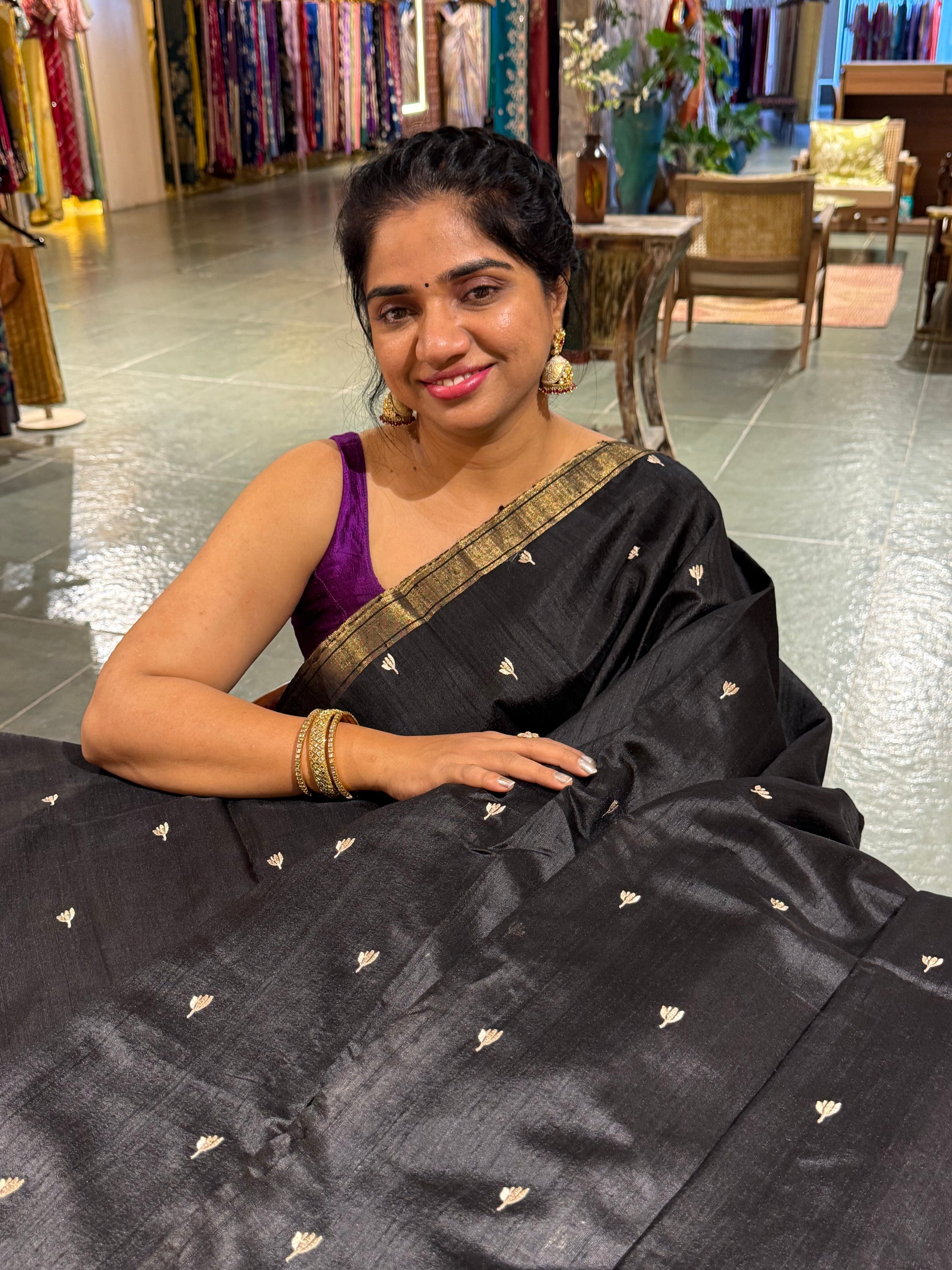 Black Pure Handloom Raw Silk Saree