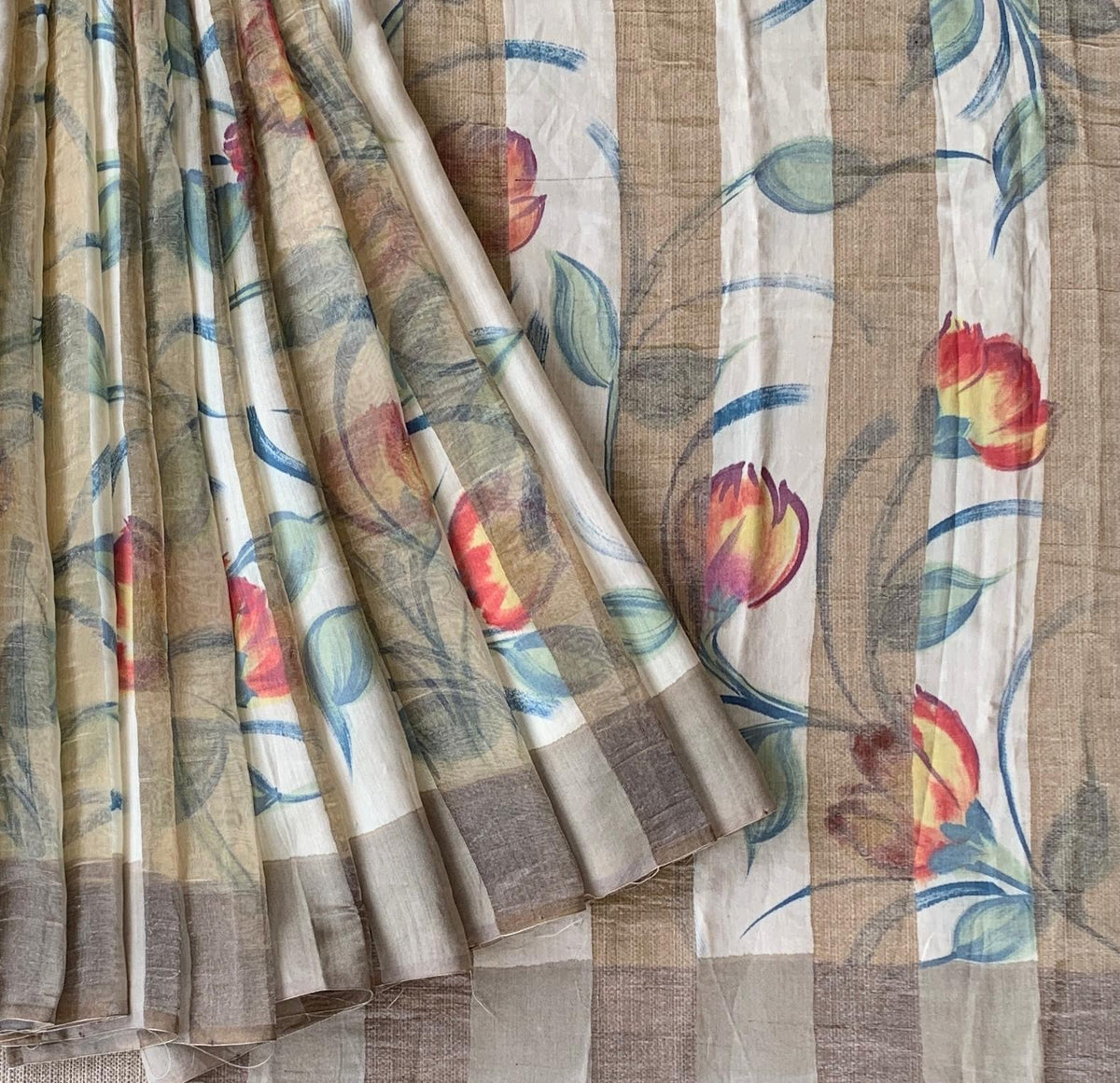 Mul silk handpainted Saree with tissue stripes and