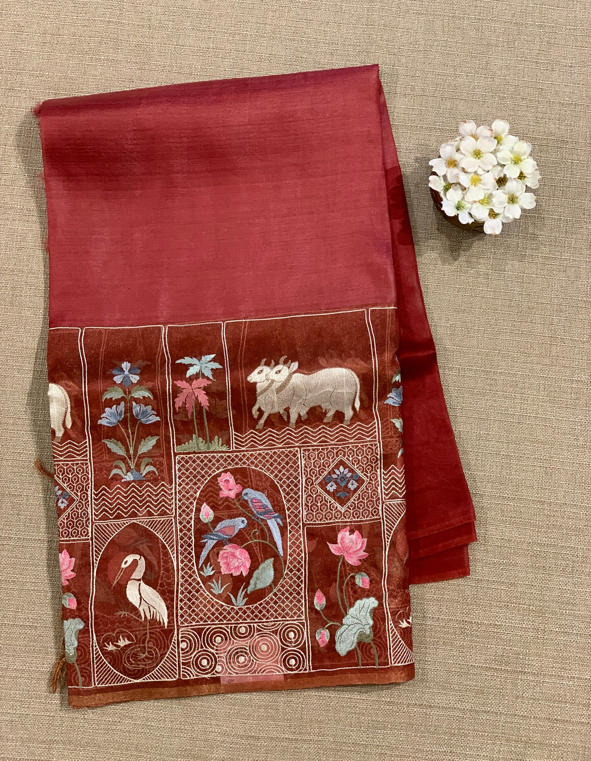 Rust Red/ Brick Red Kora-Tussar blend Handloom Saree with Tissue embroidered Skirt Border