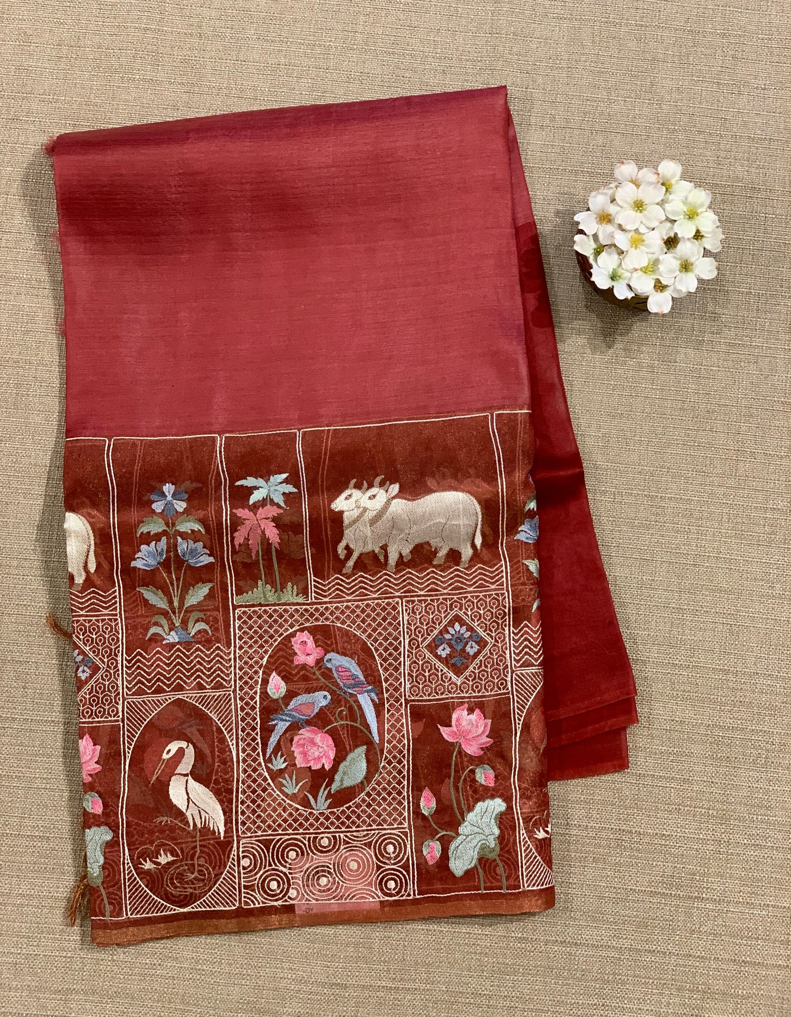 Rust Red/ Brick Red Kora-Tussar blend Handloom Saree with Tissue embroidered Skirt Border