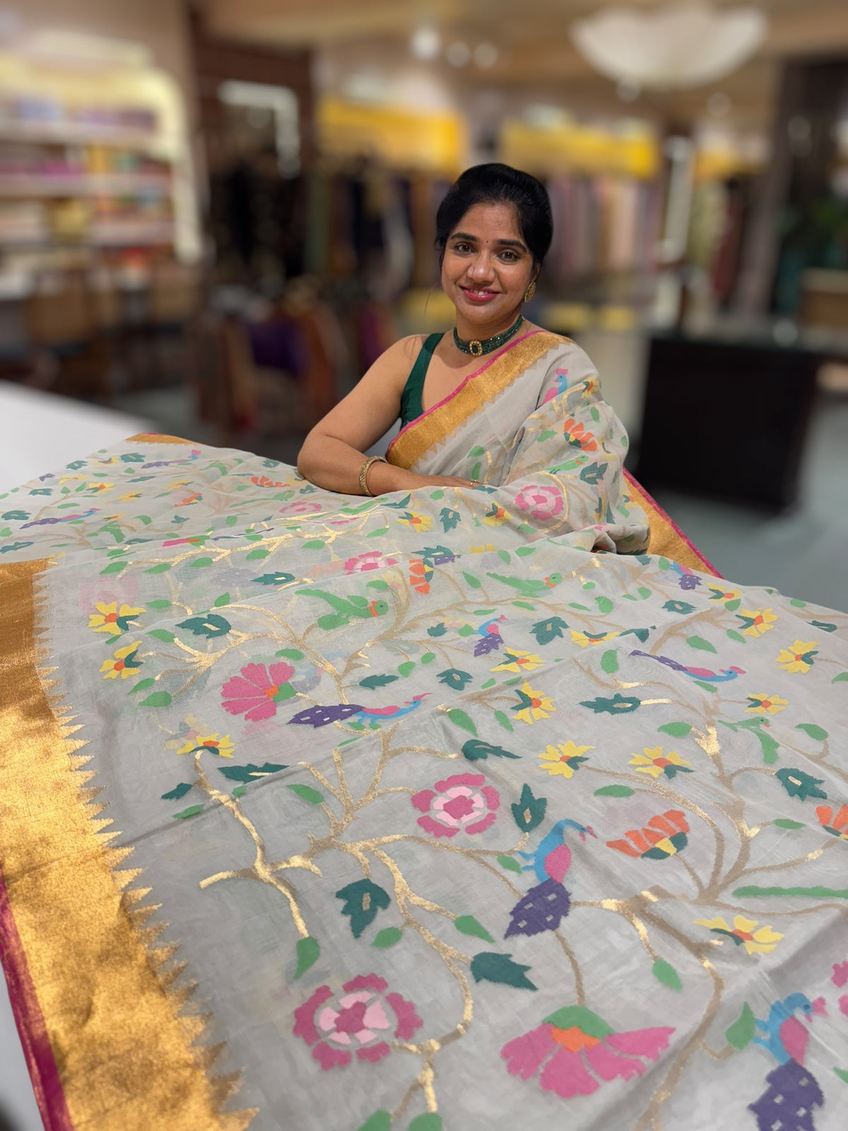 Ponduru Khadi Jamdani Allover multi Meenakari Weaving Saree With Premium 60/60 Count