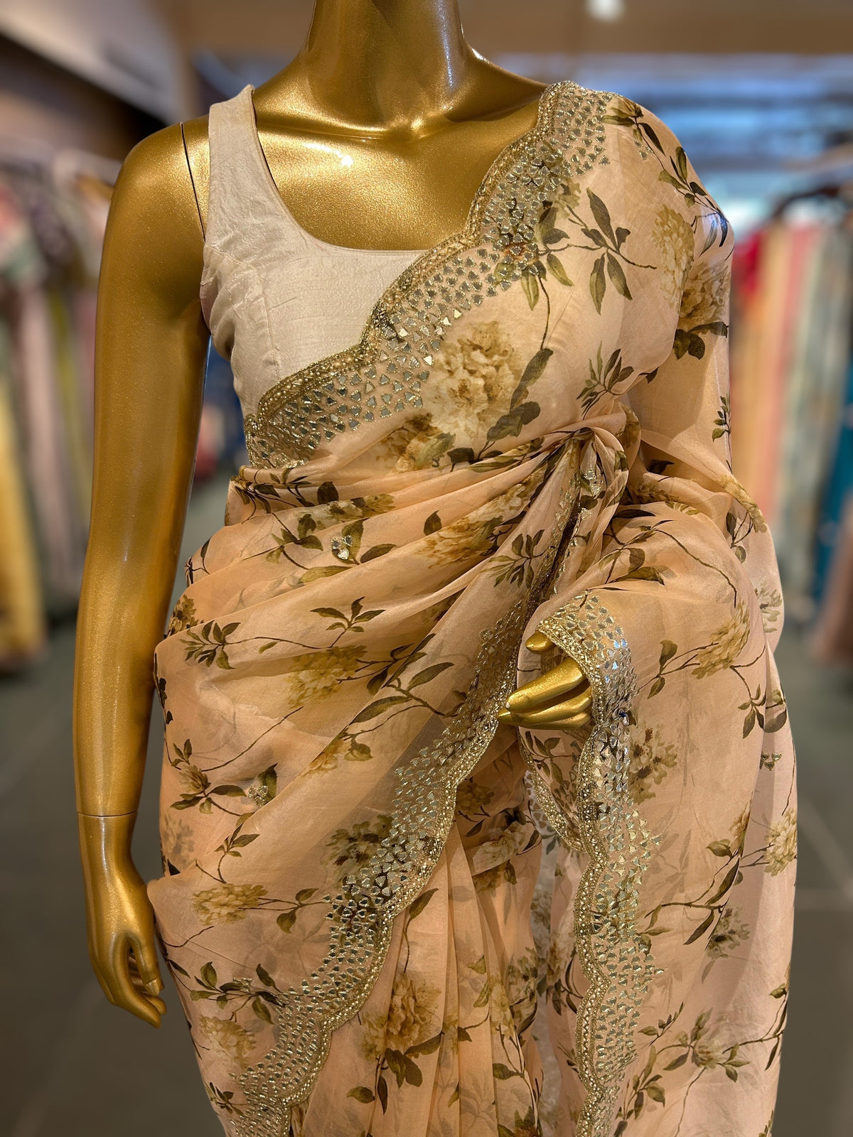 Peach Organza floral Printed Saree with mirrorwork handwork scalloped Border