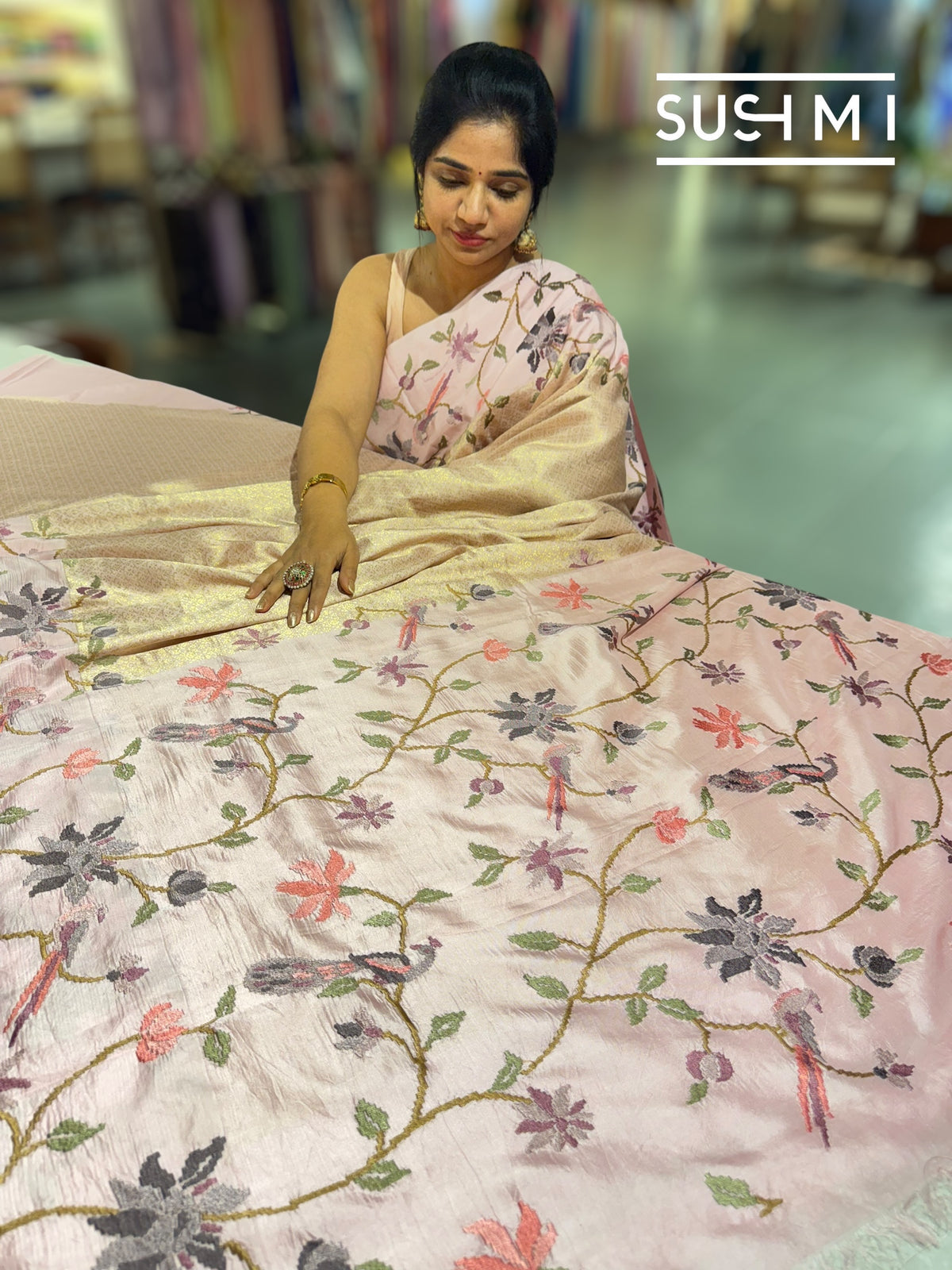 Pastel Pink Brocade Kanjeevaram with embroidery D62F037