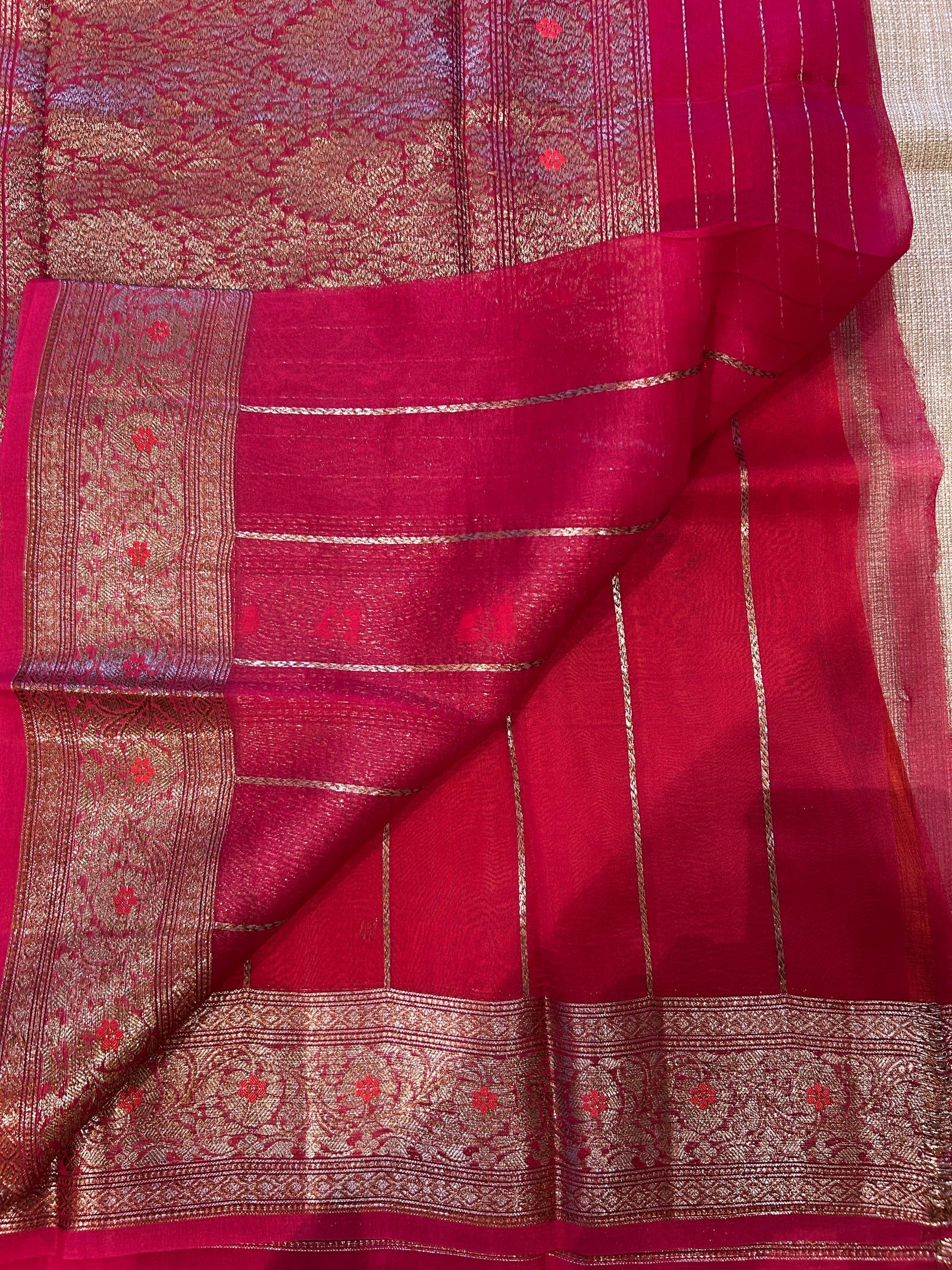 Reddish Orange and pink combo Pure Handloom premium Kora Banarasi Saree with meaanakati border