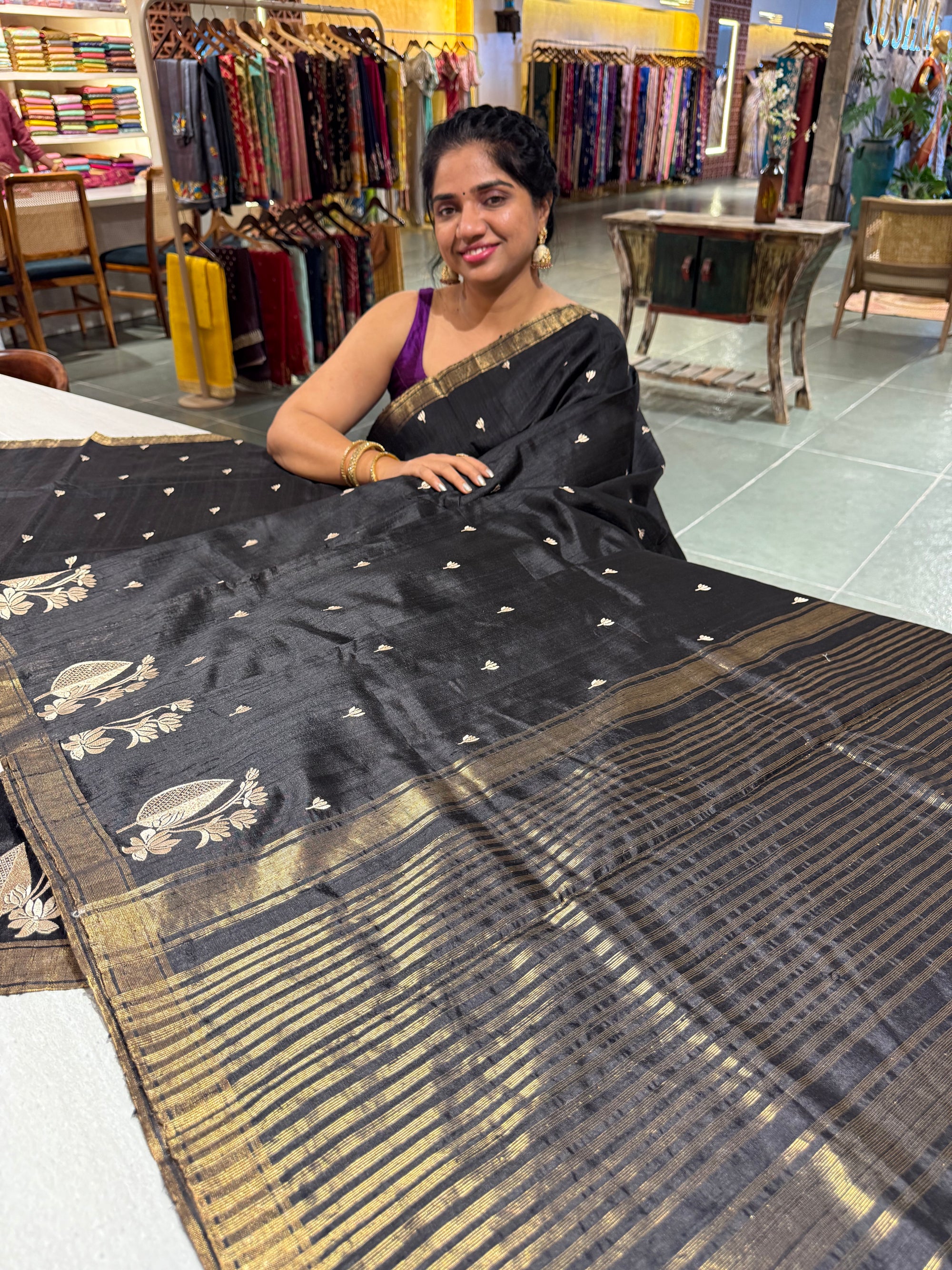 Black Pure Handloom Raw Silk Saree