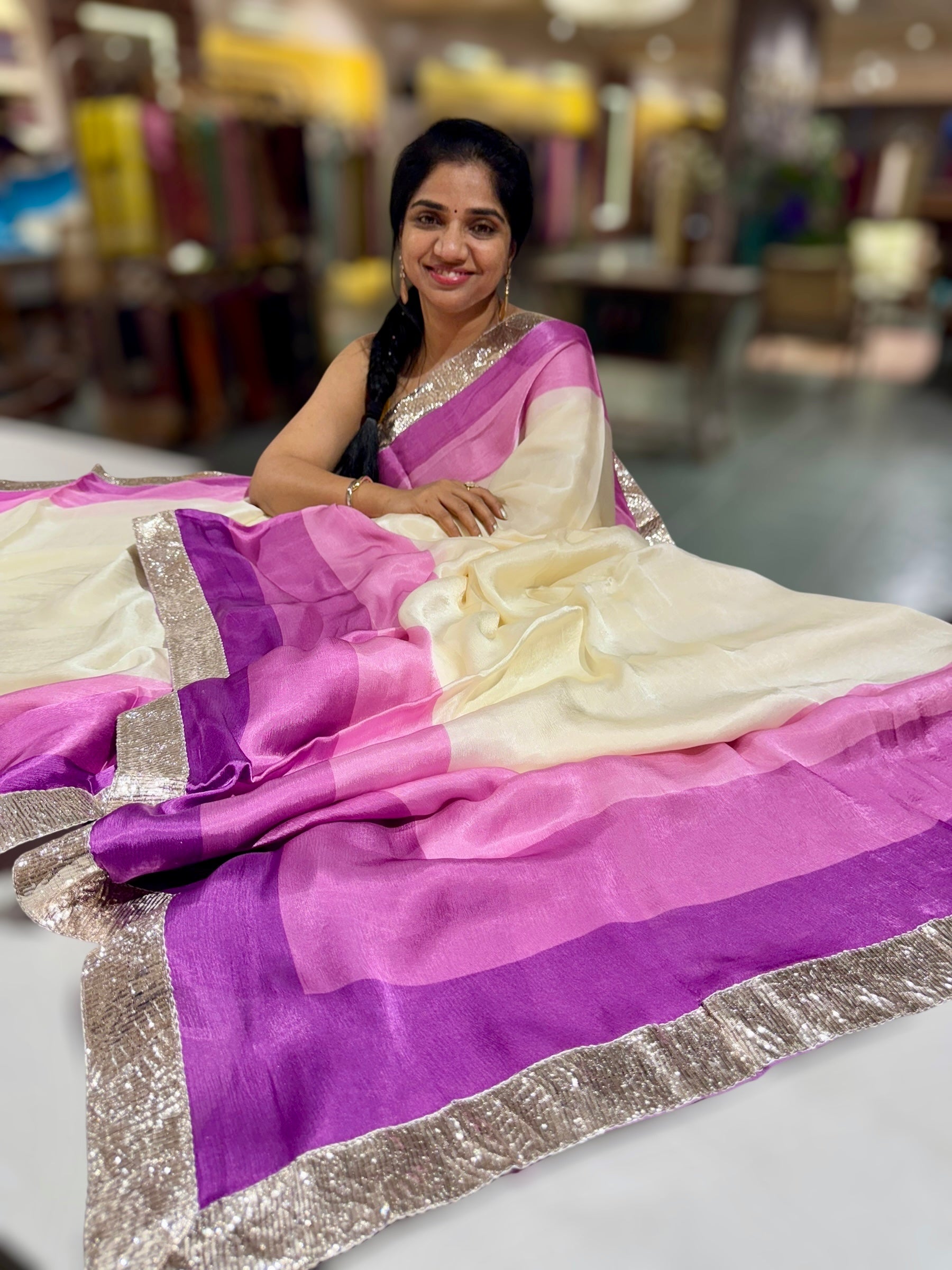 Ivory & Purple Combo Chinnon Crepe Saree with Gotapatti Borders