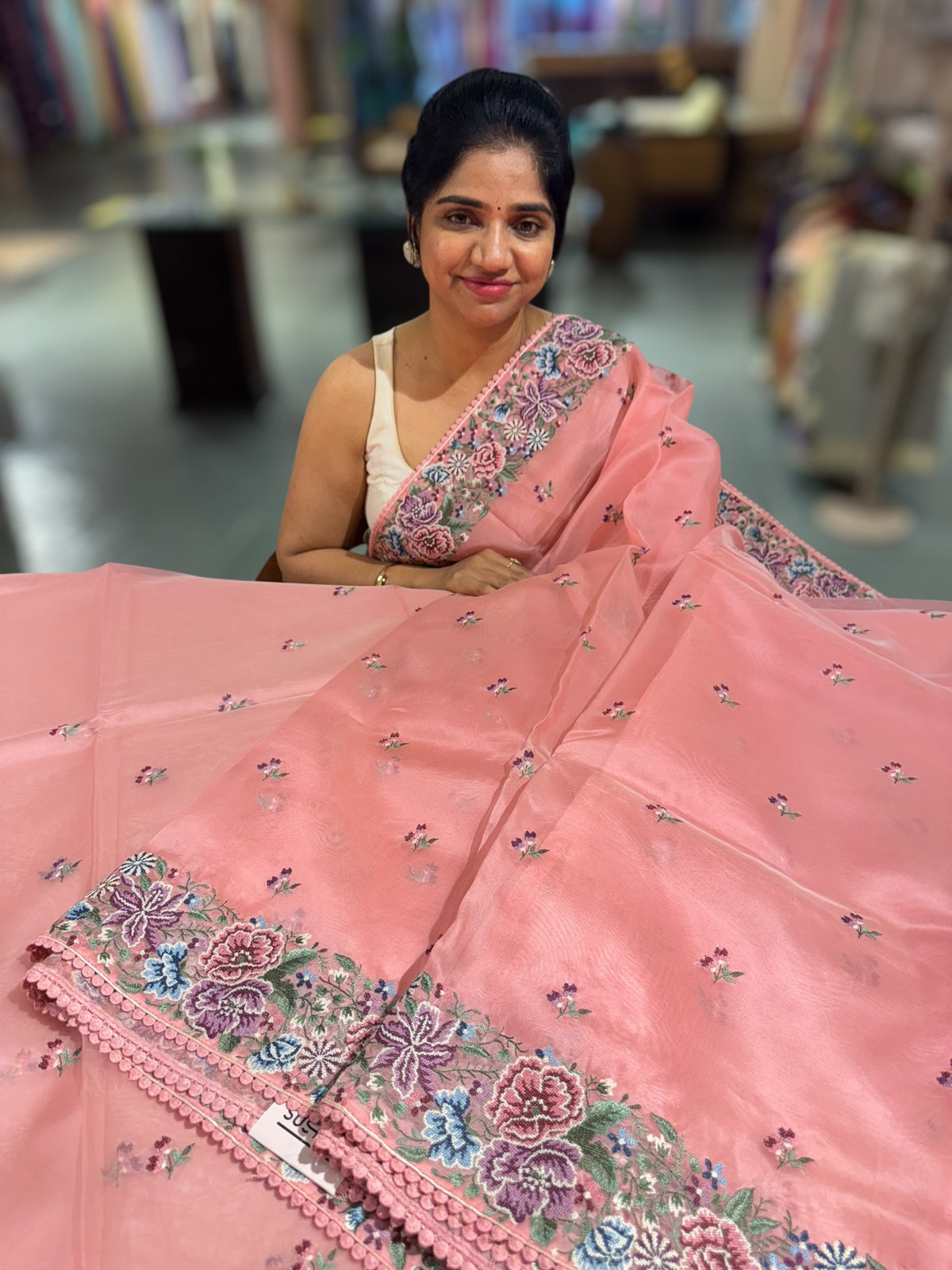 Coral Pink Pure Organza with Petite point border