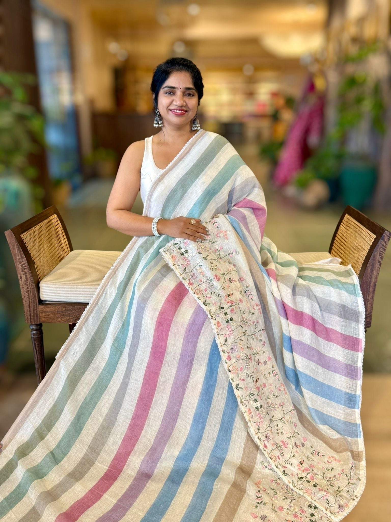 Lenin Saree with Multi Colors stripes and Embroidered Border