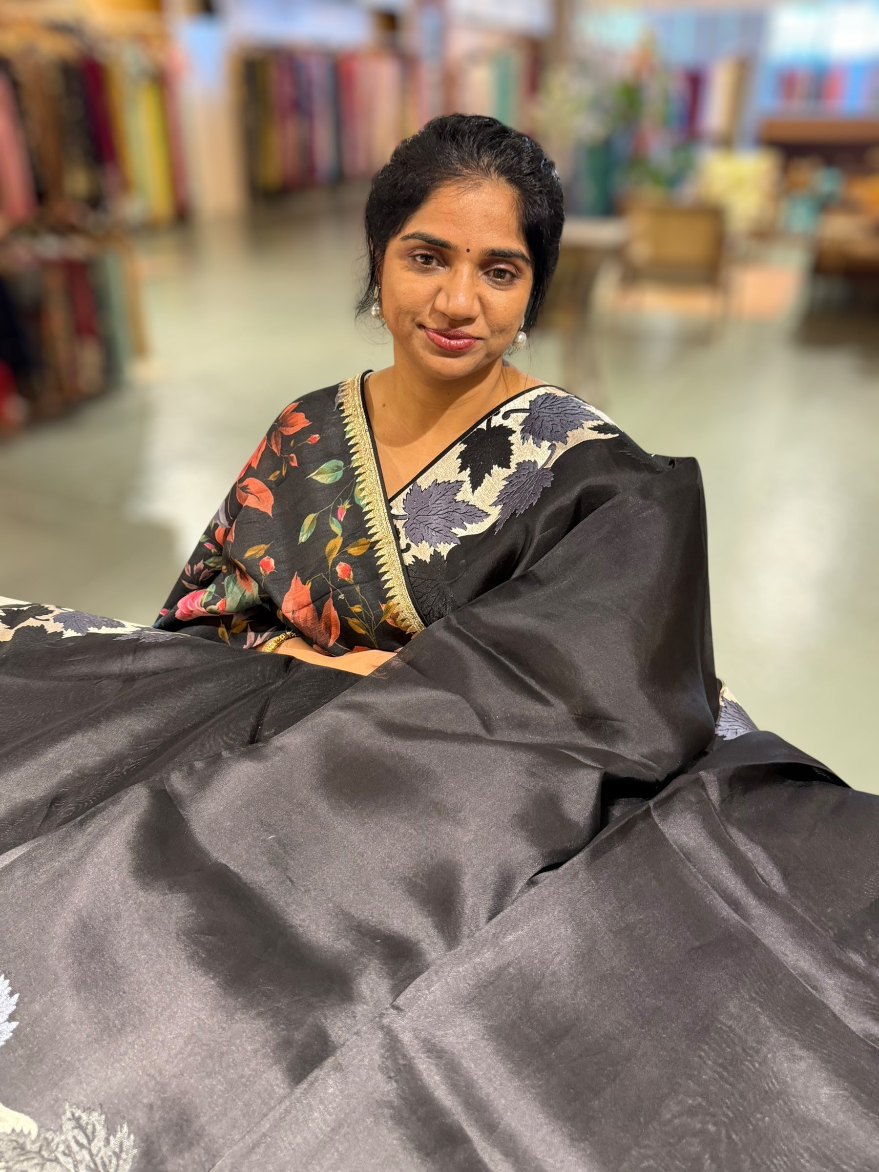 Black Organza Saree with Stunning Leaf Embroidered Border