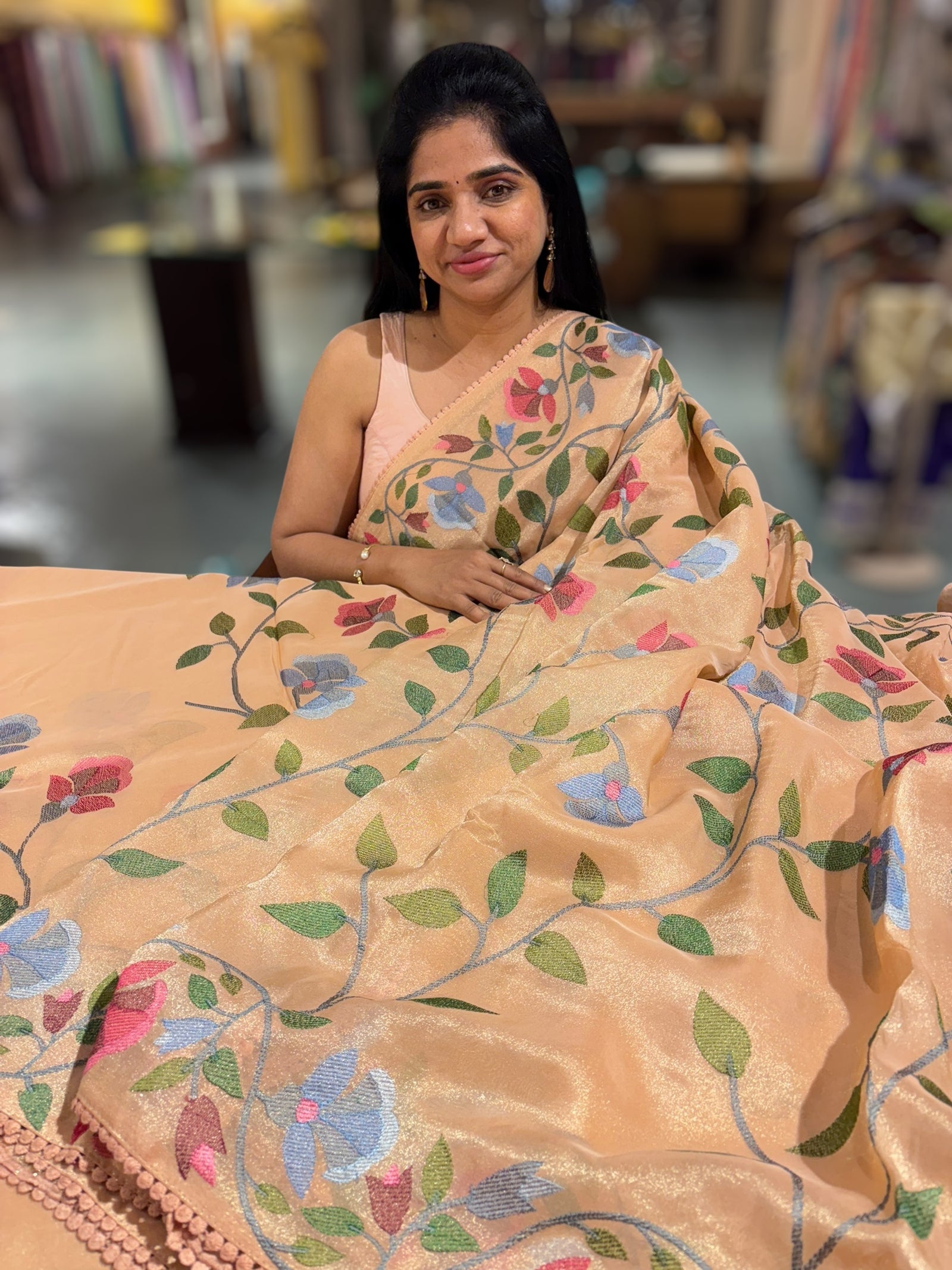 Peach Pink Tissue georgette saree with embroidey