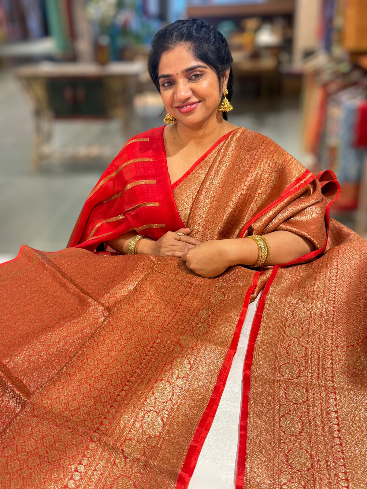 Dark Red Kora Brocade Tonchui weaving Saree