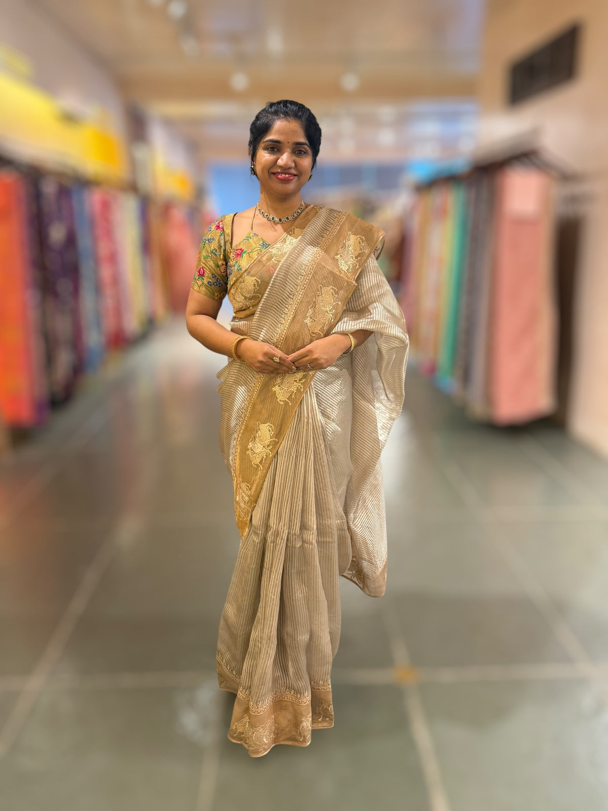 Earthy Grey Kora tissue stripes Saree with Nandi embroidered tissue border