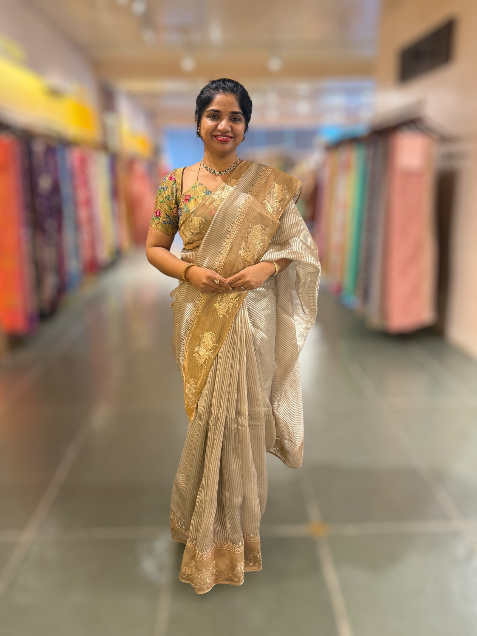 Earthy Grey Kora tissue stripes Saree with Nandi embroidered tissue border