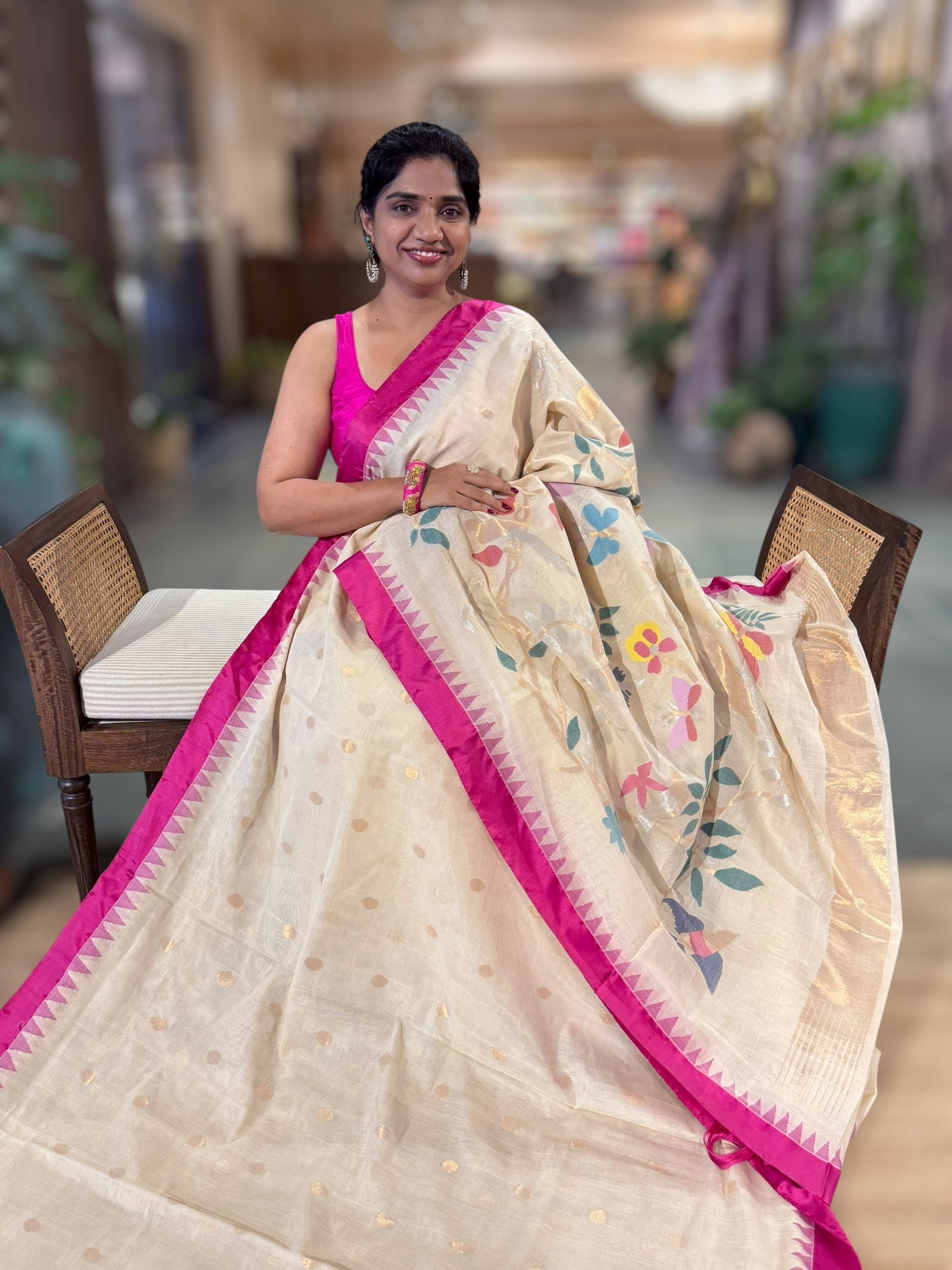 Beige Ponduru Khadi Saree with Rani Pink Temple Silk Border & Jamdani Bird Pallu