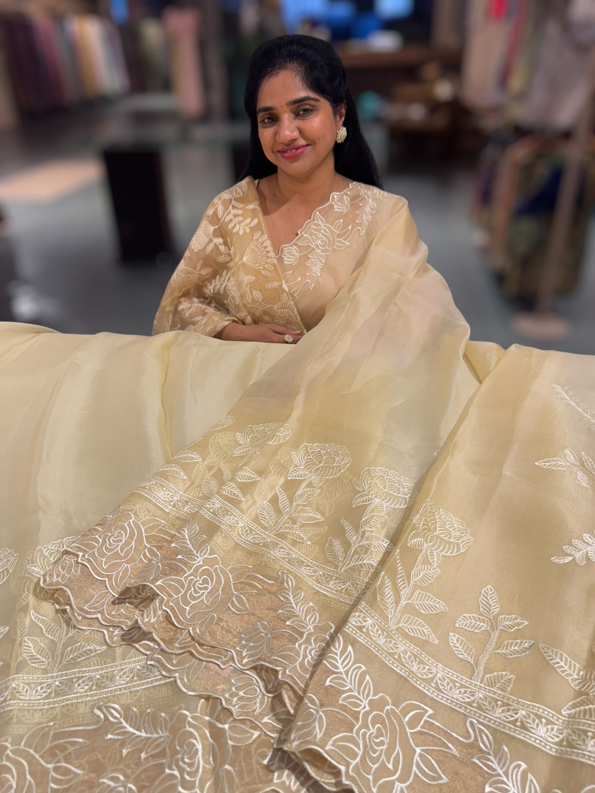 Pastel Yellow Organza saree with heavy embroiderey